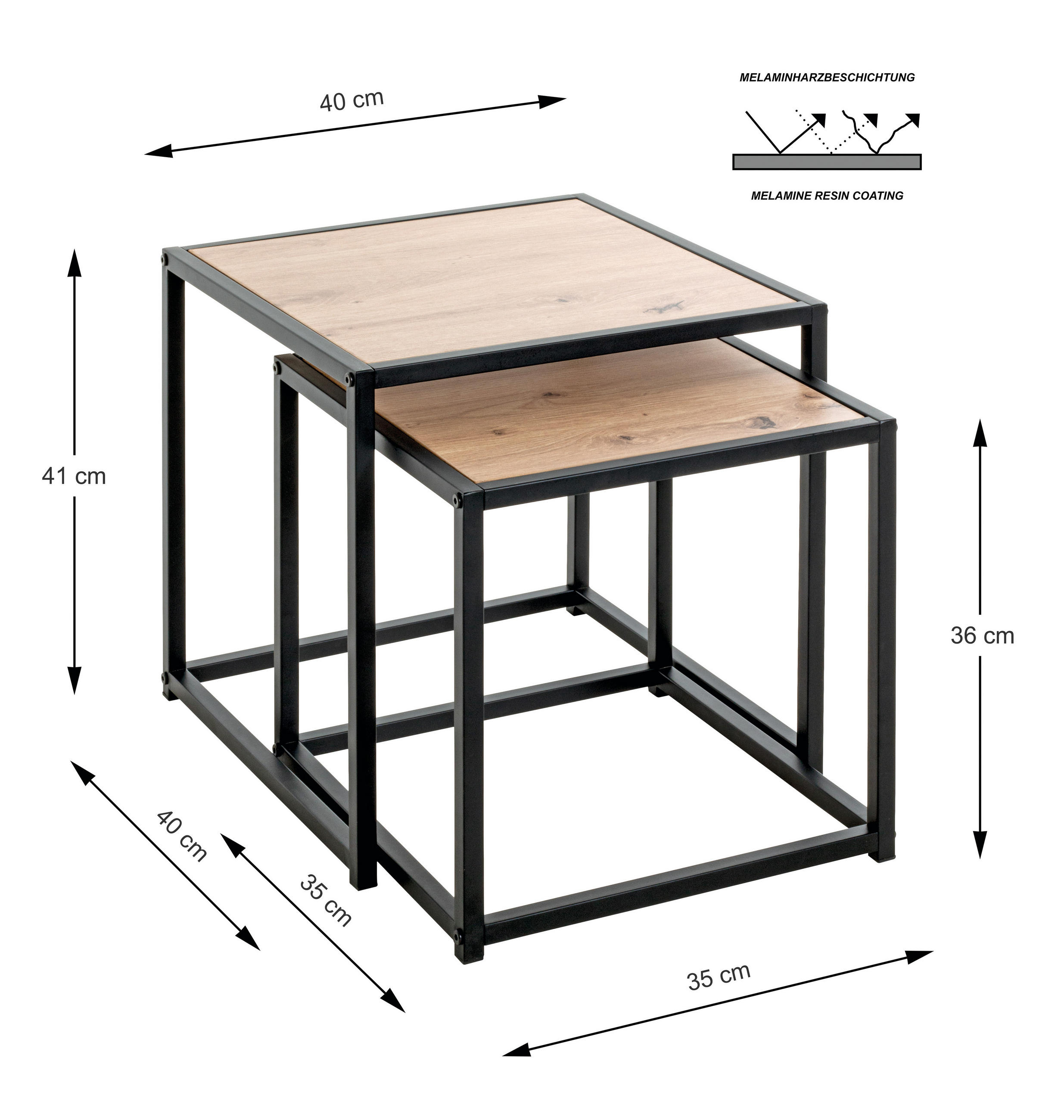 BEISTELLTISCHSET in Metall, Holzwerkstoff 35-40/35-40/36-41 cm  - Eichefarben/Schwarz, Trend, Holzwerkstoff/Metall (35-40/35-40/36-41cm)