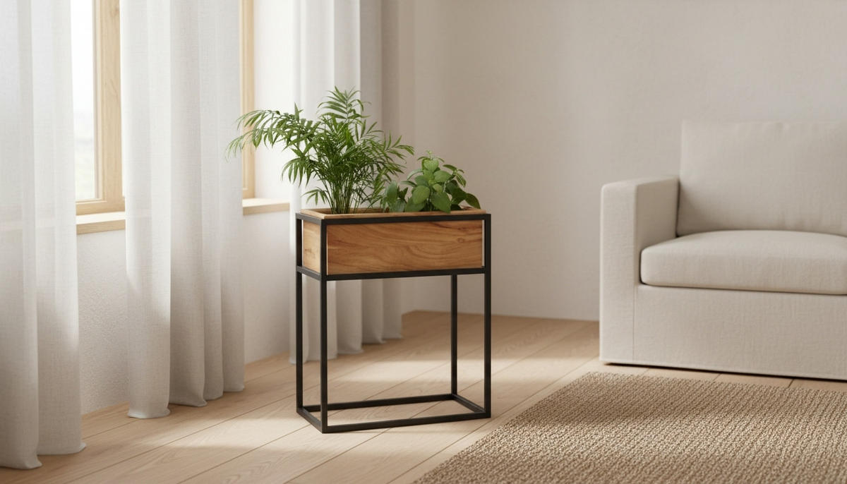 TRUHLÍK NA KVETY drevo, kov, 45/25/53 cm - čierna/farba akácie, Lifestyle, kov/drevo (45/25/53cm) - Landscape