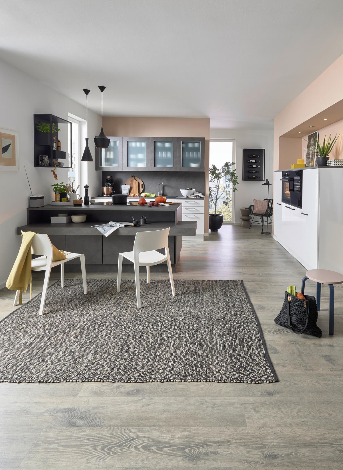 EINBAUKÜCHE DK411  - Weiß Hochglanz/Grau, Design, Holzwerkstoff - Dieter Knoll