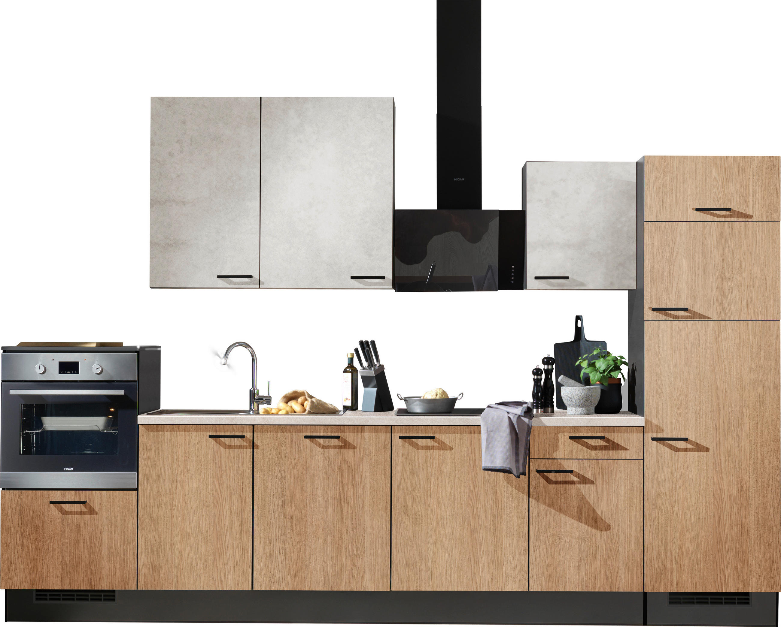 KÜCHENLEERBLOCK 340 cm   in Graphitfarben, Eichefarben, Hellgrau  - Eichefarben/Schwarz, Design, Holzwerkstoff/Metall (340cm) - Xora