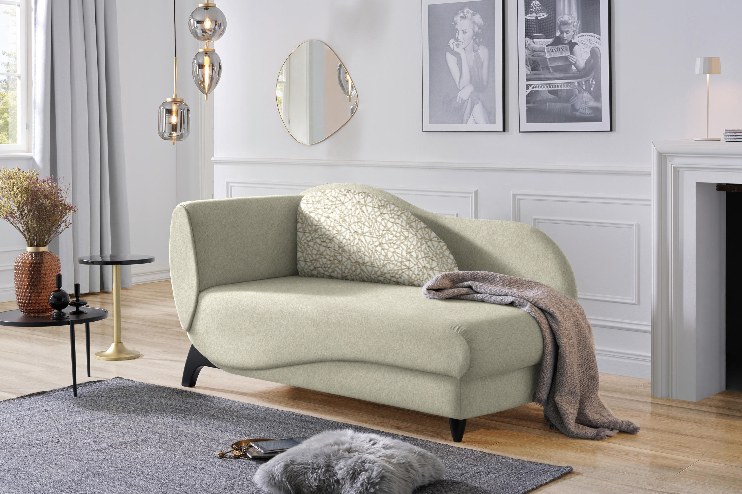 RÉCAMIERE in Webstoff Beige  - Beige/Schwarz, MODERN, Holz/Textil (171-190/87/84cm) - Joka