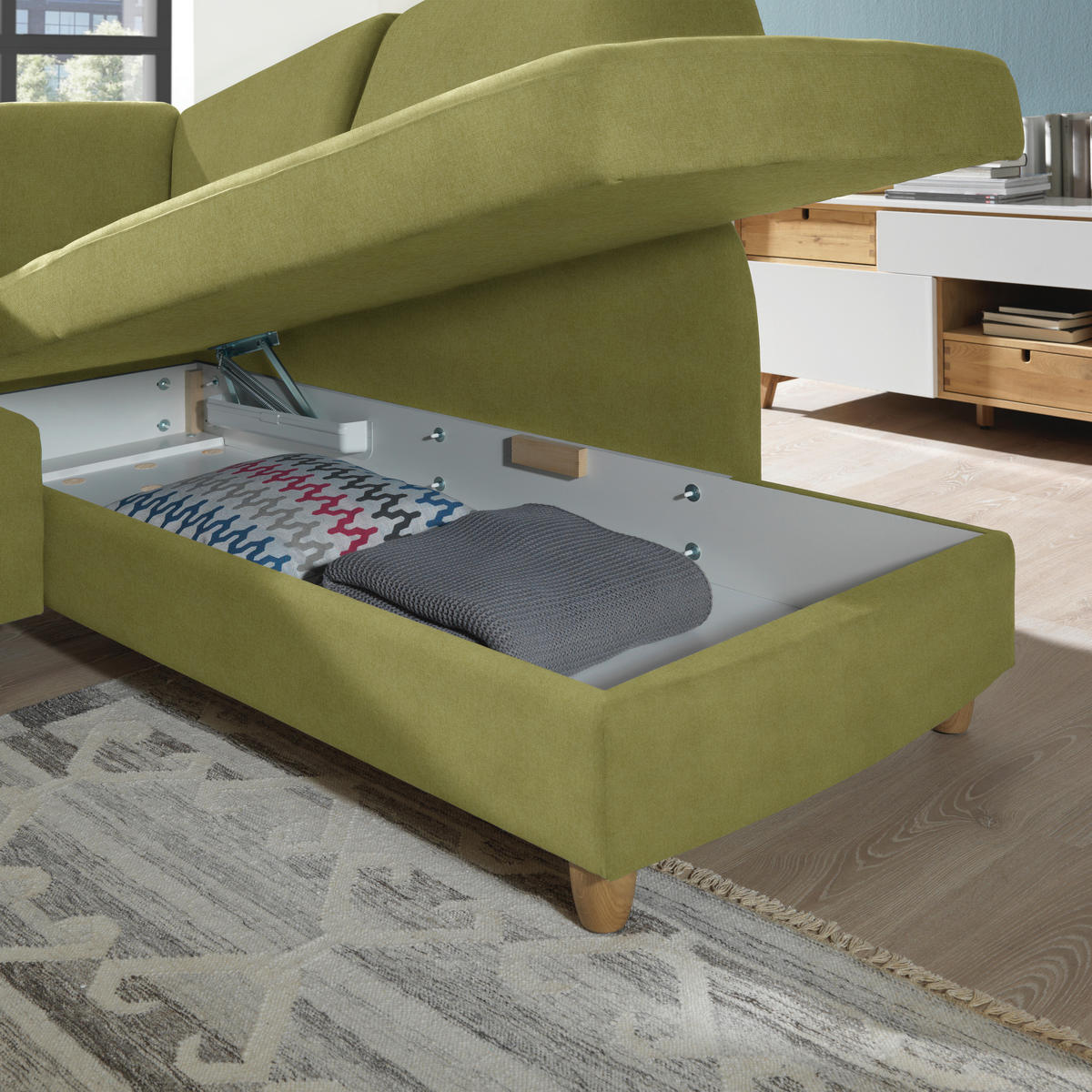 ECKSOFA in Flachgewebe Limette  227/208 cm  - Eichefarben/Limette, KONVENTIONELL, Holz/Textil (227/208cm) - Sedda