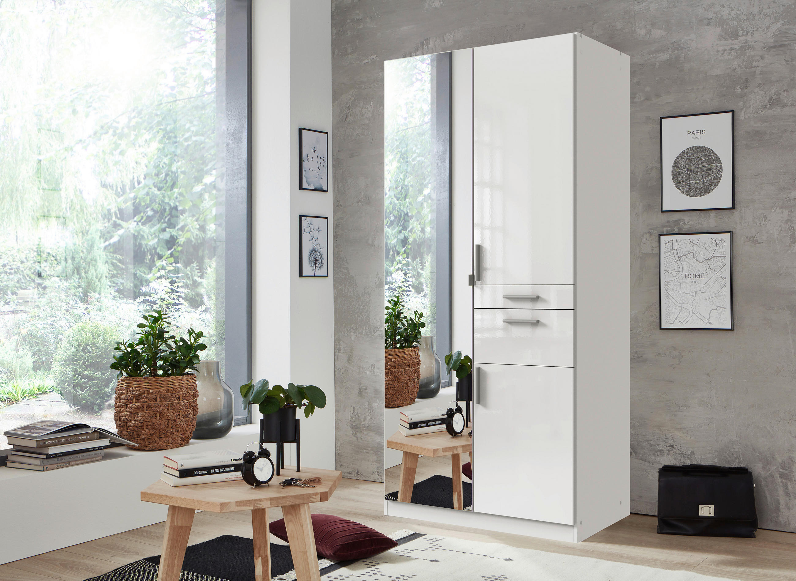 DREHTÜRENSCHRANK 90/197/58 cm 3-türig - Weiß Hochglanz/Alufarben, MODERN, Holzwerkstoff/Kunststoff (90/197/58cm) - MID.YOU