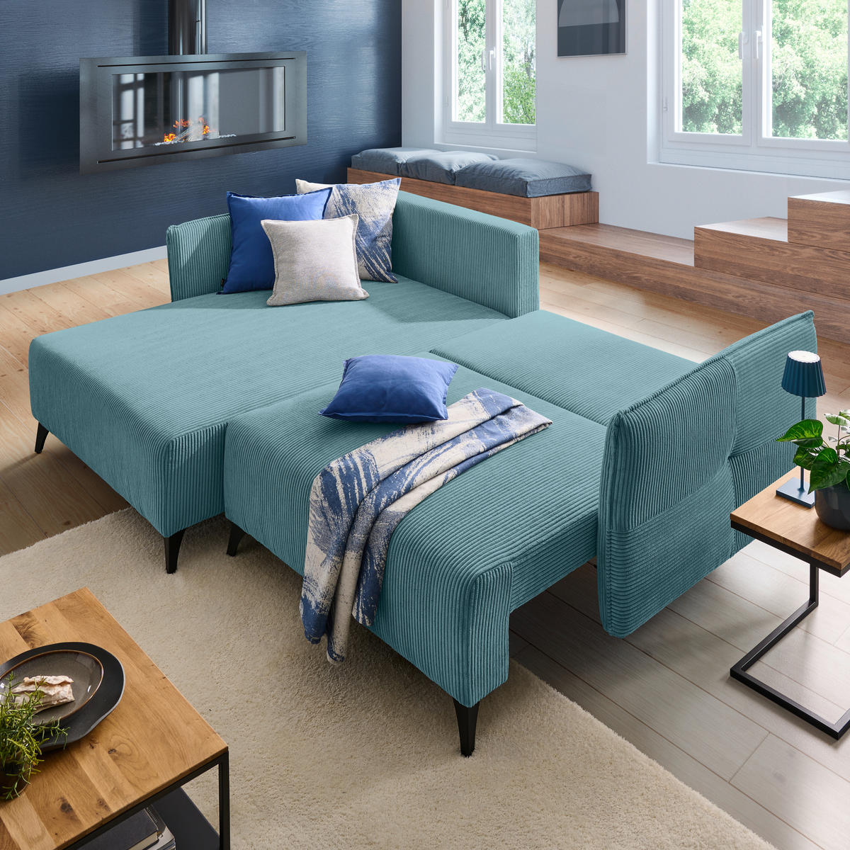 ECKSOFA Türkis Cord  - Türkis/Schwarz, Design, Textil/Metall (175/254cm) - Stylife