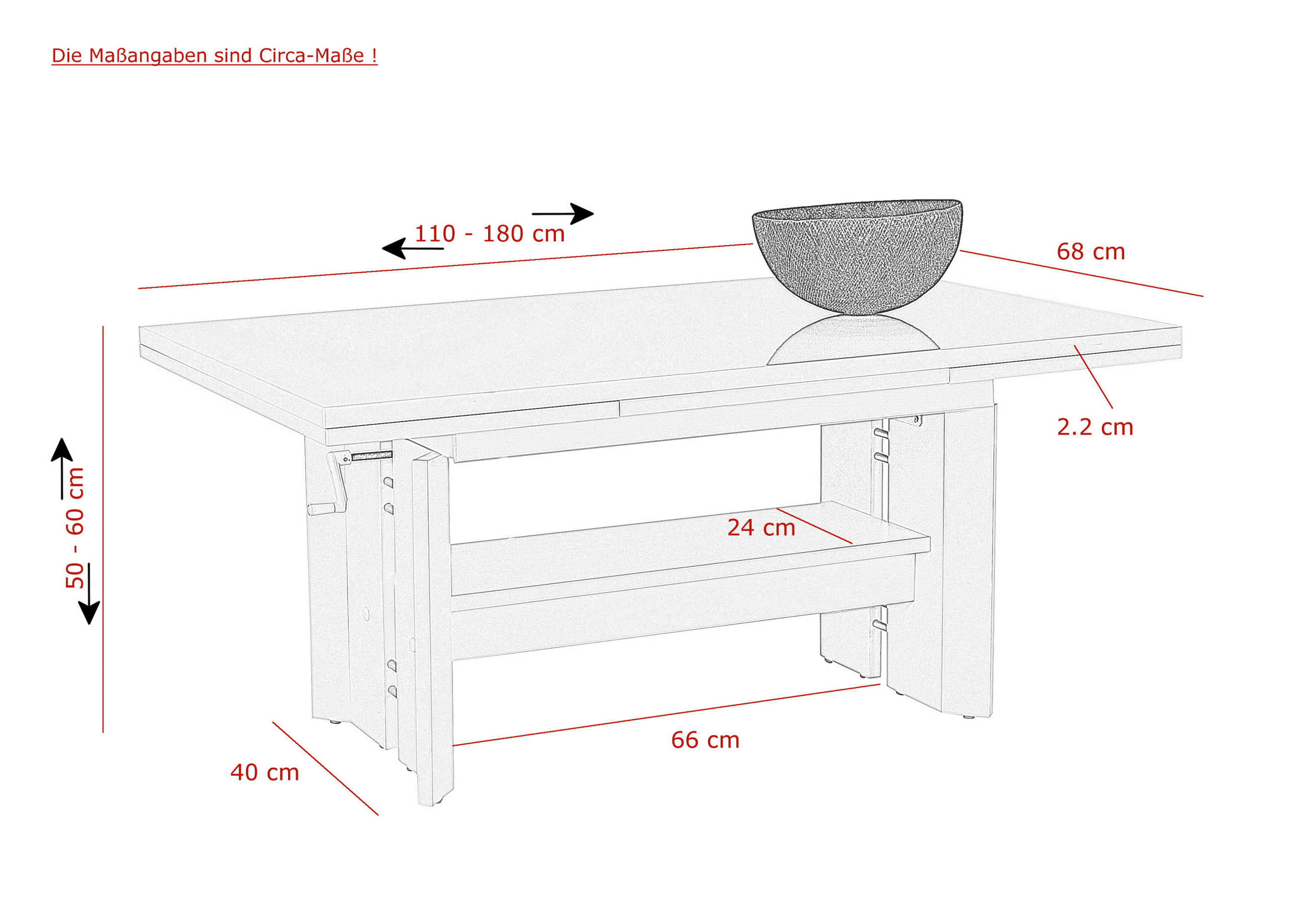 COUCHTISCH 110-180/68/50-60 cm rechteckig Weiß  - Weiß, MODERN, Holzwerkstoff (110-180/68/50-60cm) - MID.YOU