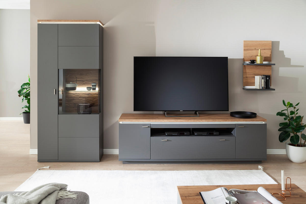 VITRINE Neapel Grau, Eiche Wotan  90/208/37 cm  - Eiche Wotan/Grau, Design, Glas/Holzwerkstoff (90/208/37cm) - Stylife