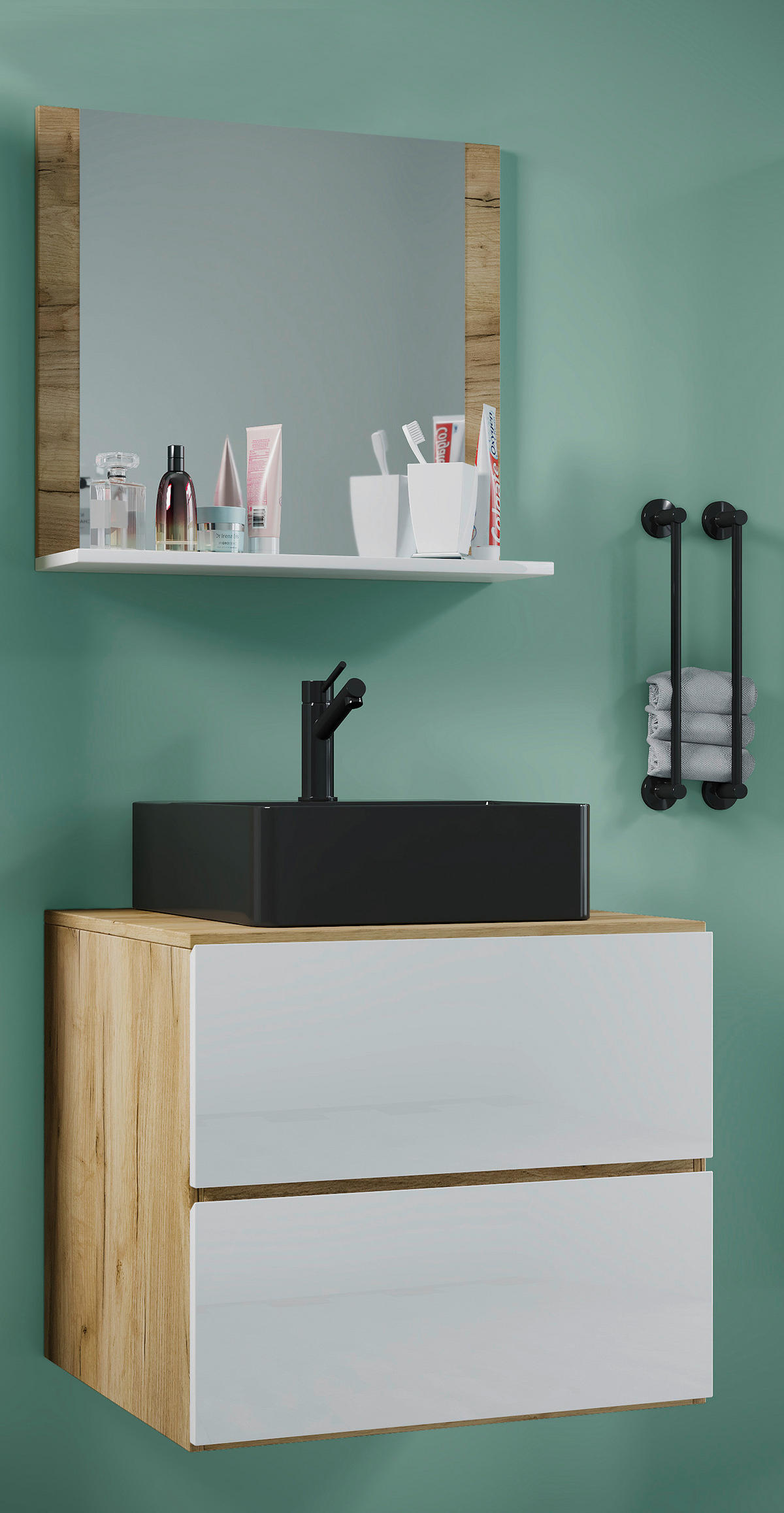 BADEZIMMER 3-teilig  in 61 cm  - Honigeiche/Schwarz, MODERN, Glas/Keramik (61cm) - MID.YOU