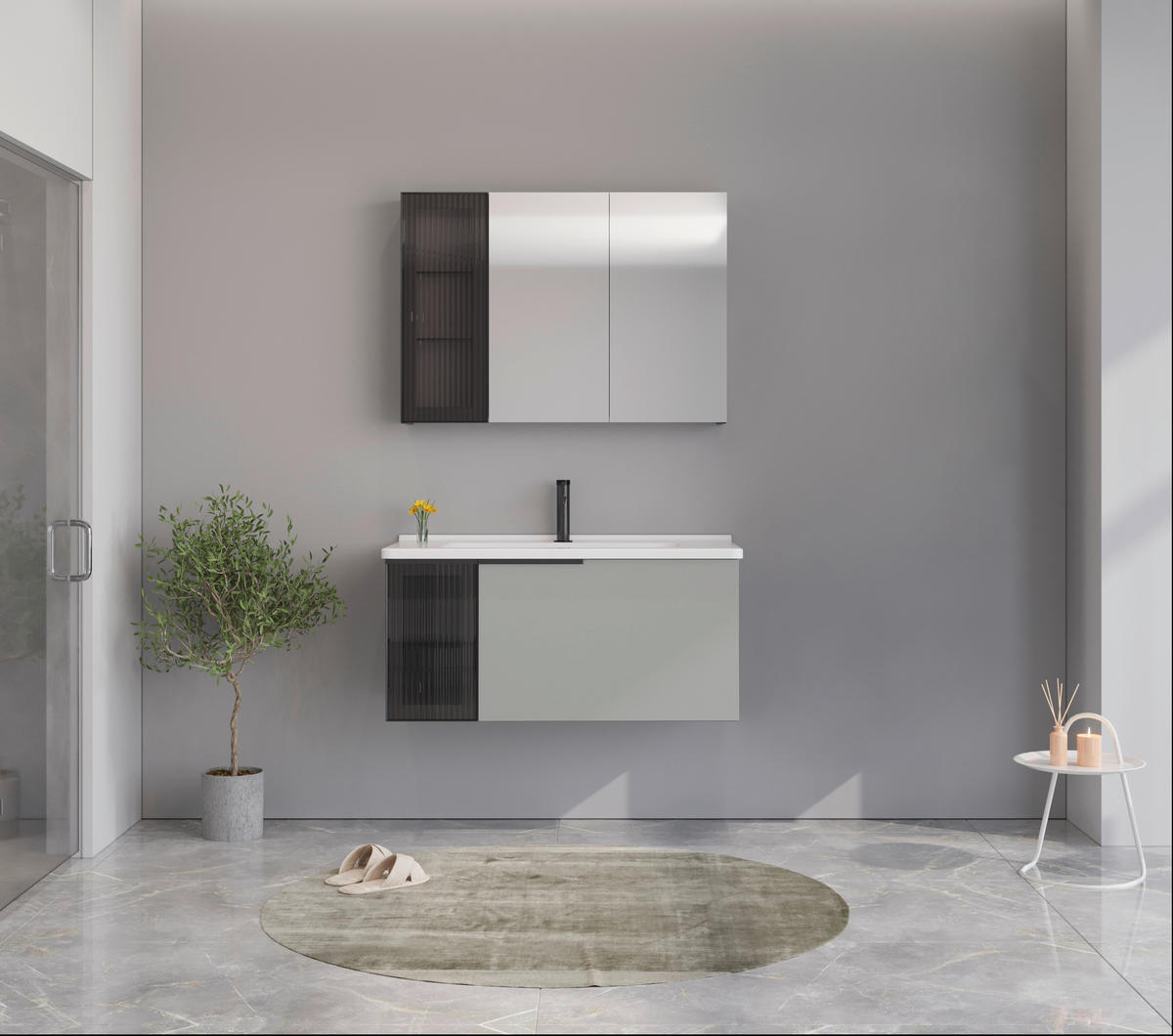 BADEZIMMER 3-teilig  in  - Weiß Hochglanz/Beige, MODERN, Glas/Keramik (100/114/45cm) - MID.YOU