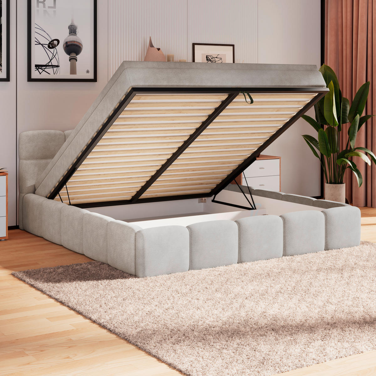 POLSTERBETT 160/200 cm,  in Creme, Matratze, Bettkasten, H3 = fest  - Creme/Schwarz, Trend, Kunststoff/Textil (160/200cm)