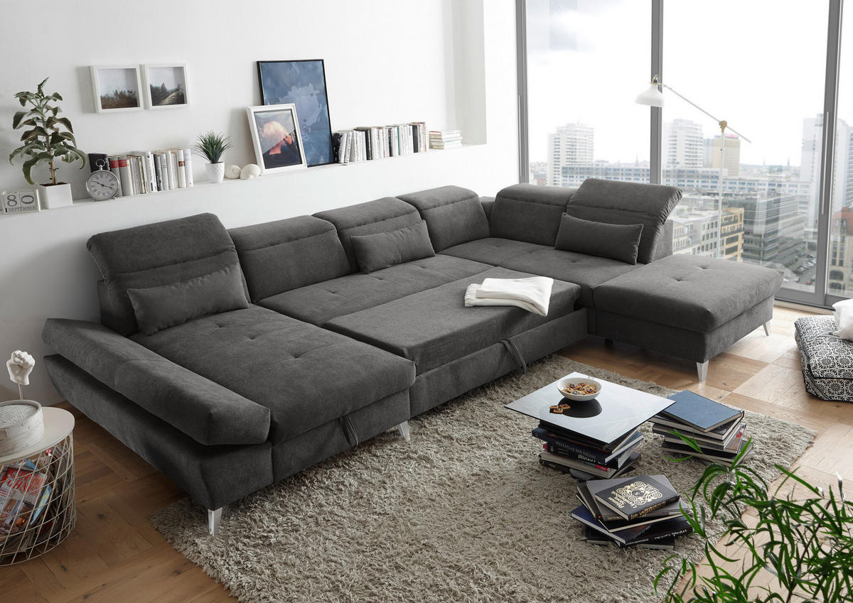 SEDEŽNA GARNITURA, mikrovelur rjava  - barve kroma/rjava, Design, umetna masa/tekstil (350/73-96/245cm) - Hom`in