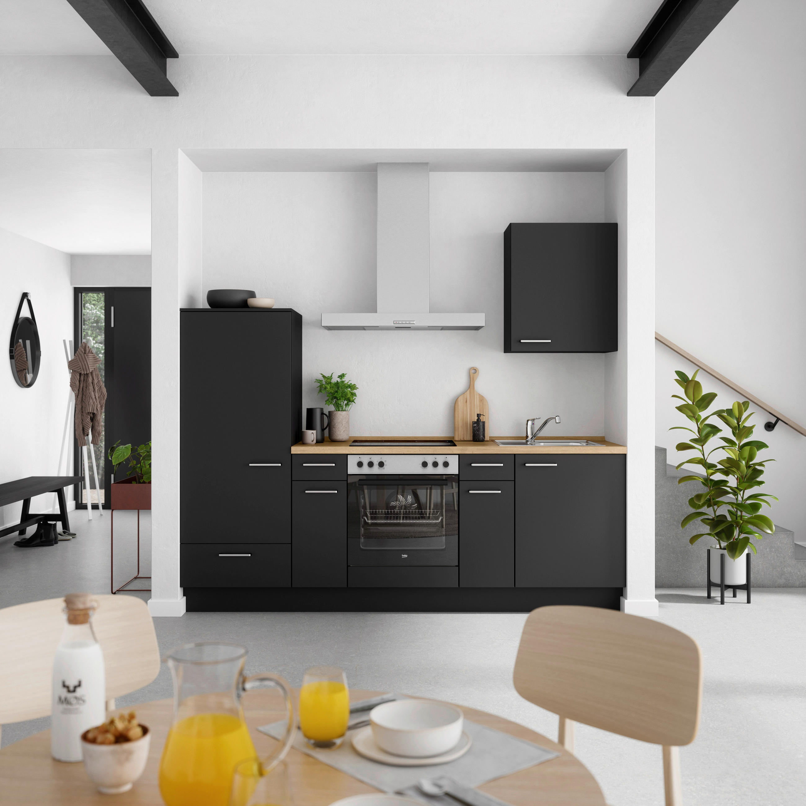 KÜCHENBLOCK 240 cm   in Schwarz, Eichefarben  - Edelstahlfarben/Eichefarben, MODERN, Holzwerkstoff/Metall (240cm) - Nobilia