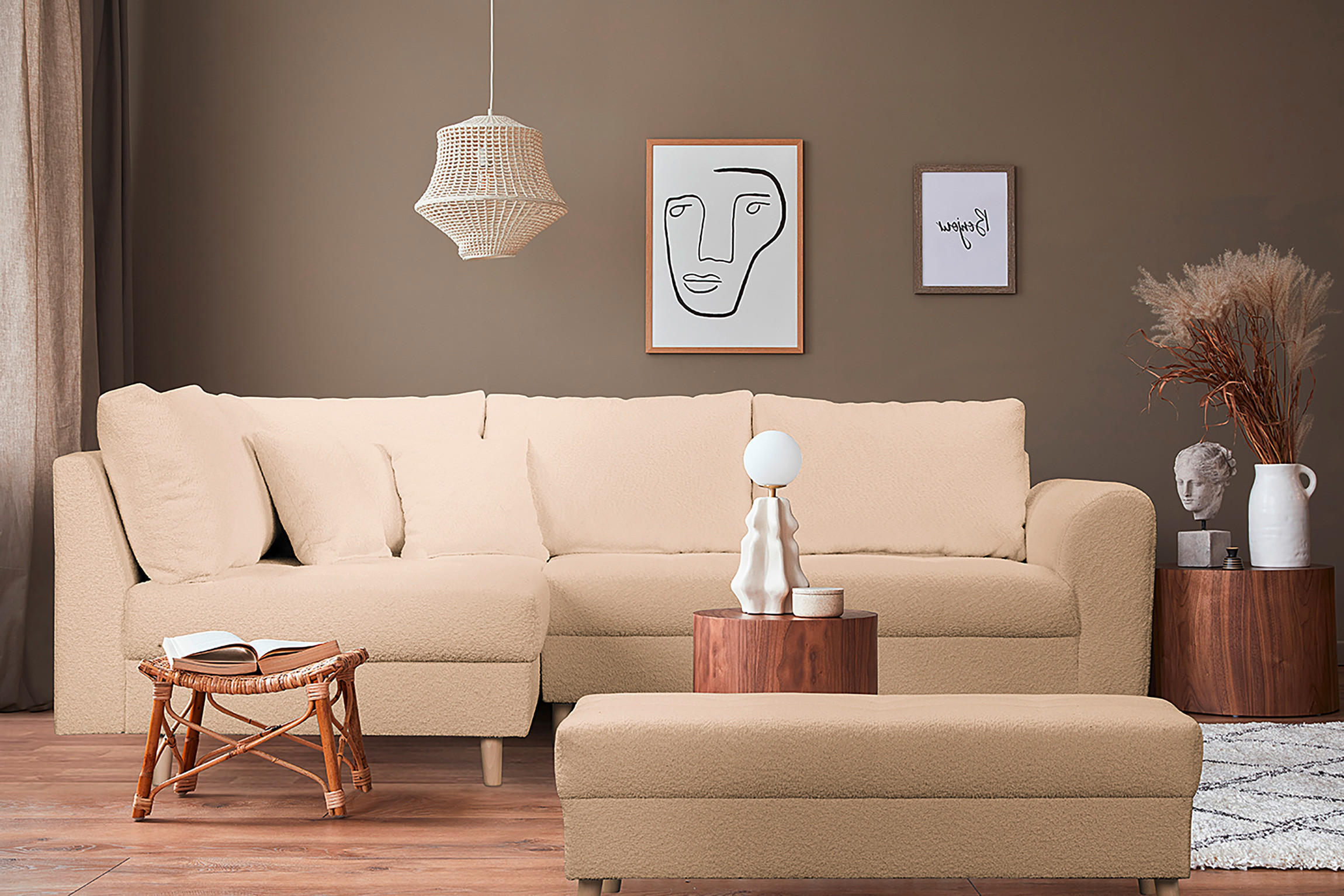 ECKSOFA inkl. Hocker Ariella Beige Bouclé  - Beige/Naturfarben, Design, Holz/Textil (161/231cm) - Livetastic
