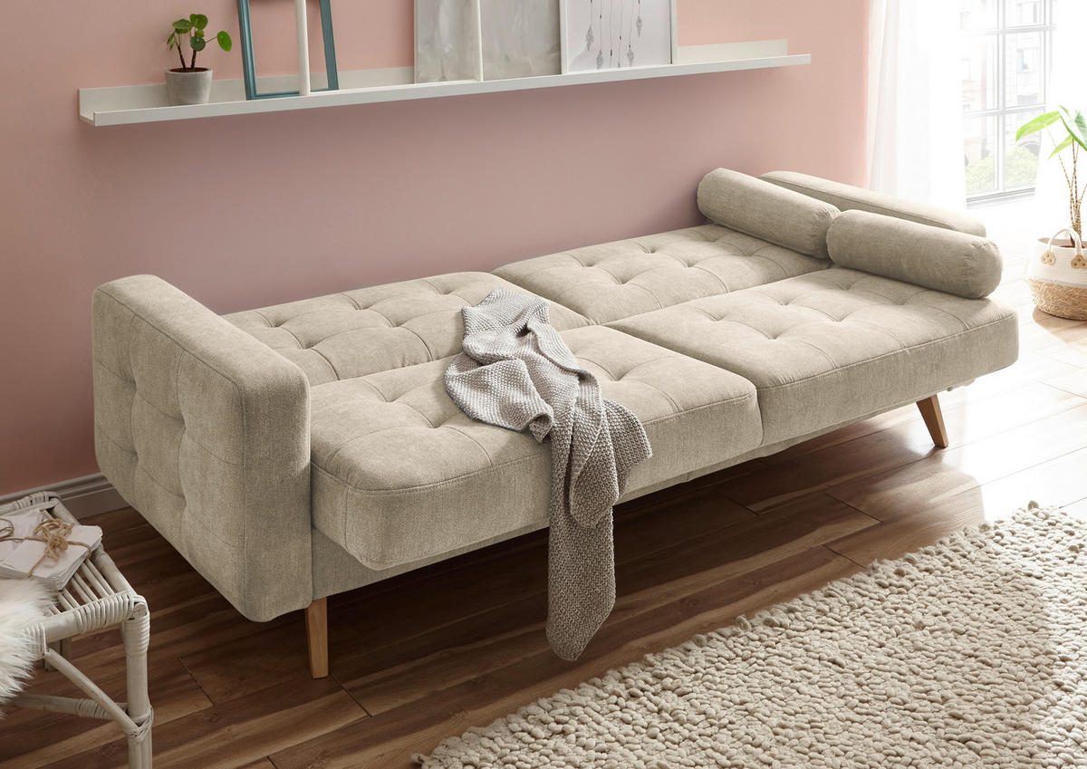 SCHLAFSOFA  mit Velours Sandfarben  - Sandfarben/Eichefarben, MODERN, Holz/Textil (222/86/90cm) - MID.YOU