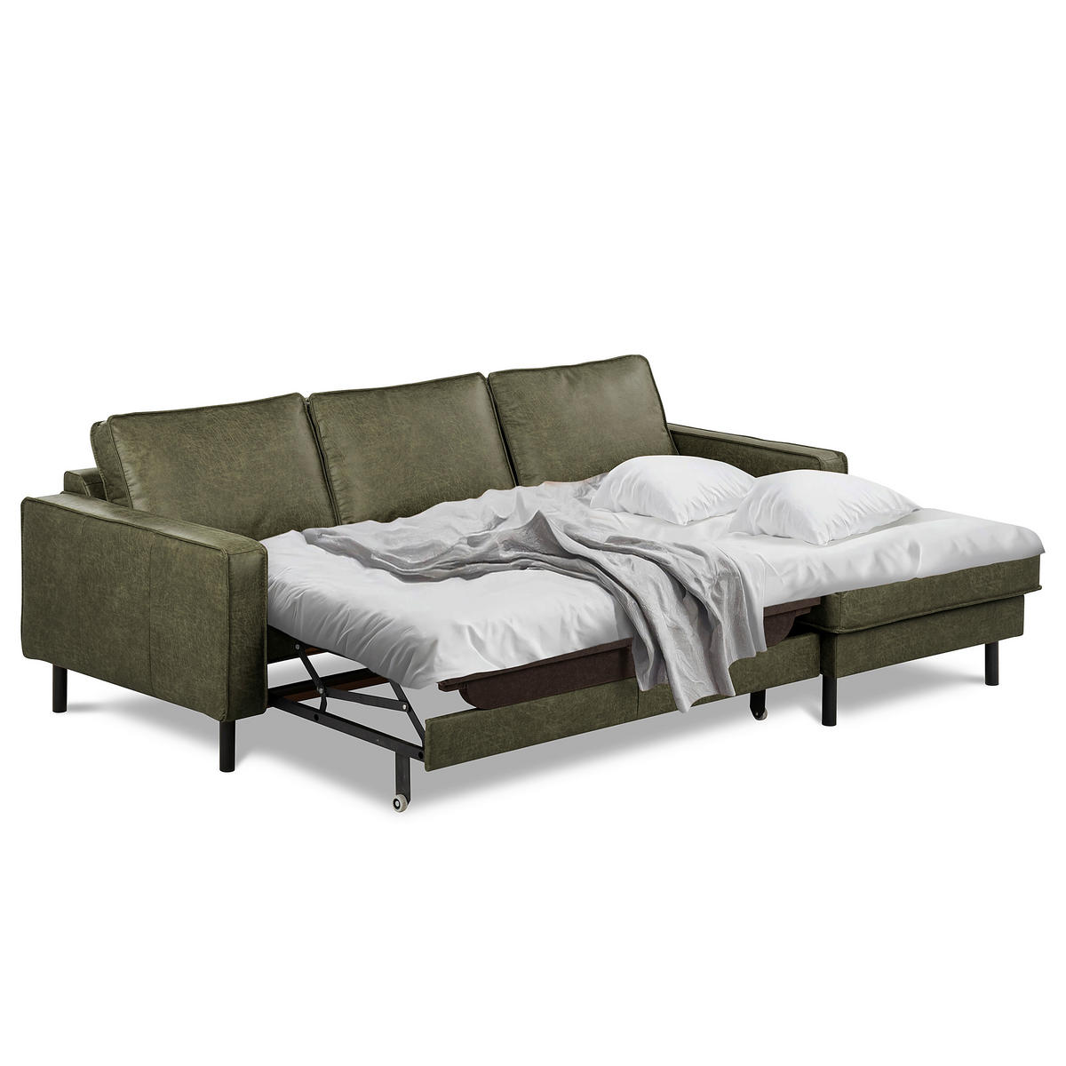 ECKSOFA Grün Echtleder Lederlook Bettkasten, Schlaffunktion, Rücken echt  - Schwarz/Grün, Design, Leder/Textil (166/238cm) - Livetastic