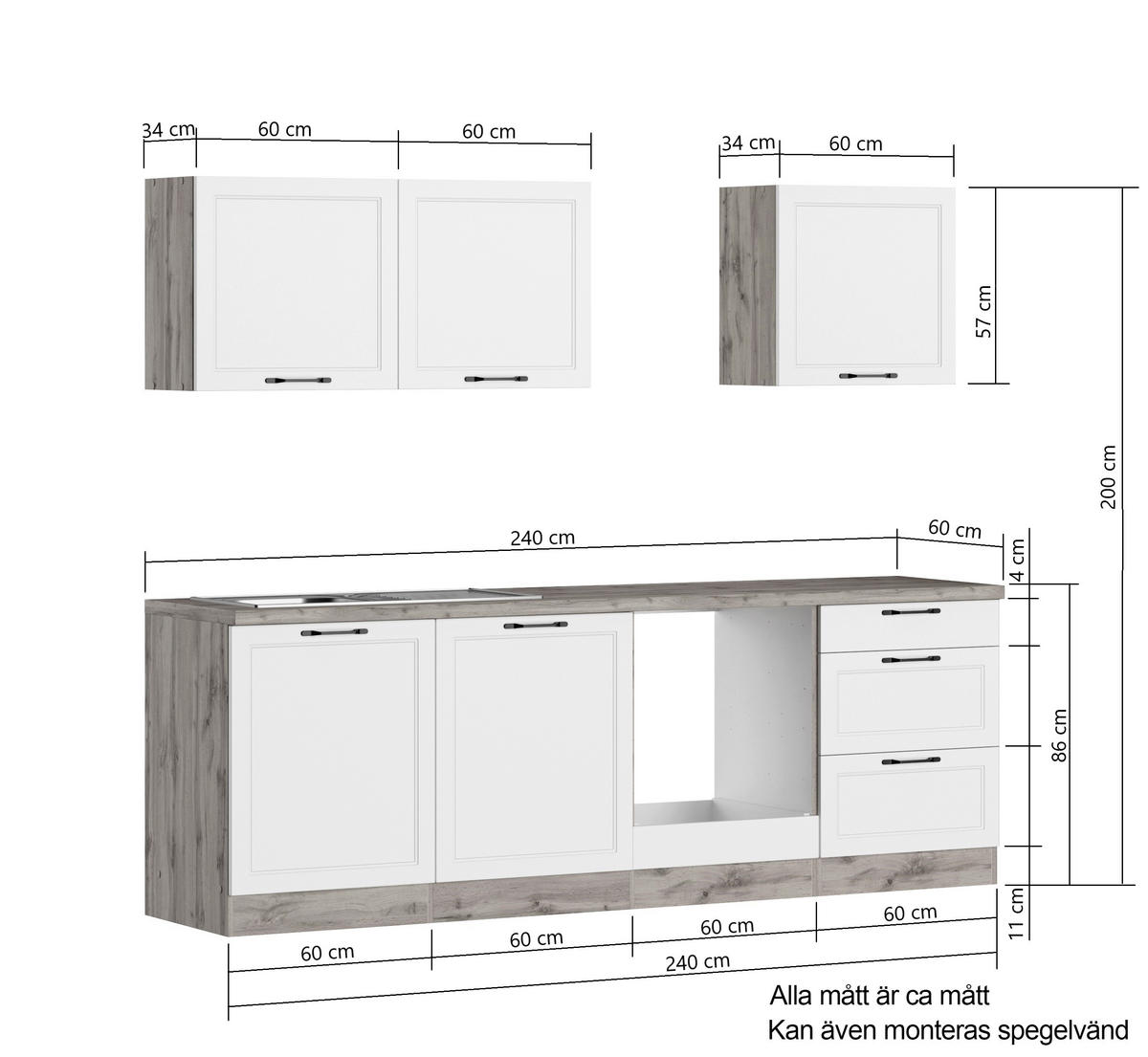 MODULKÖK UTAN VITVAROR 240 cm   i grå, ek Wotan  - ek Wotan/svart, Lifestyle, metall/trämaterial (240cm) - Held