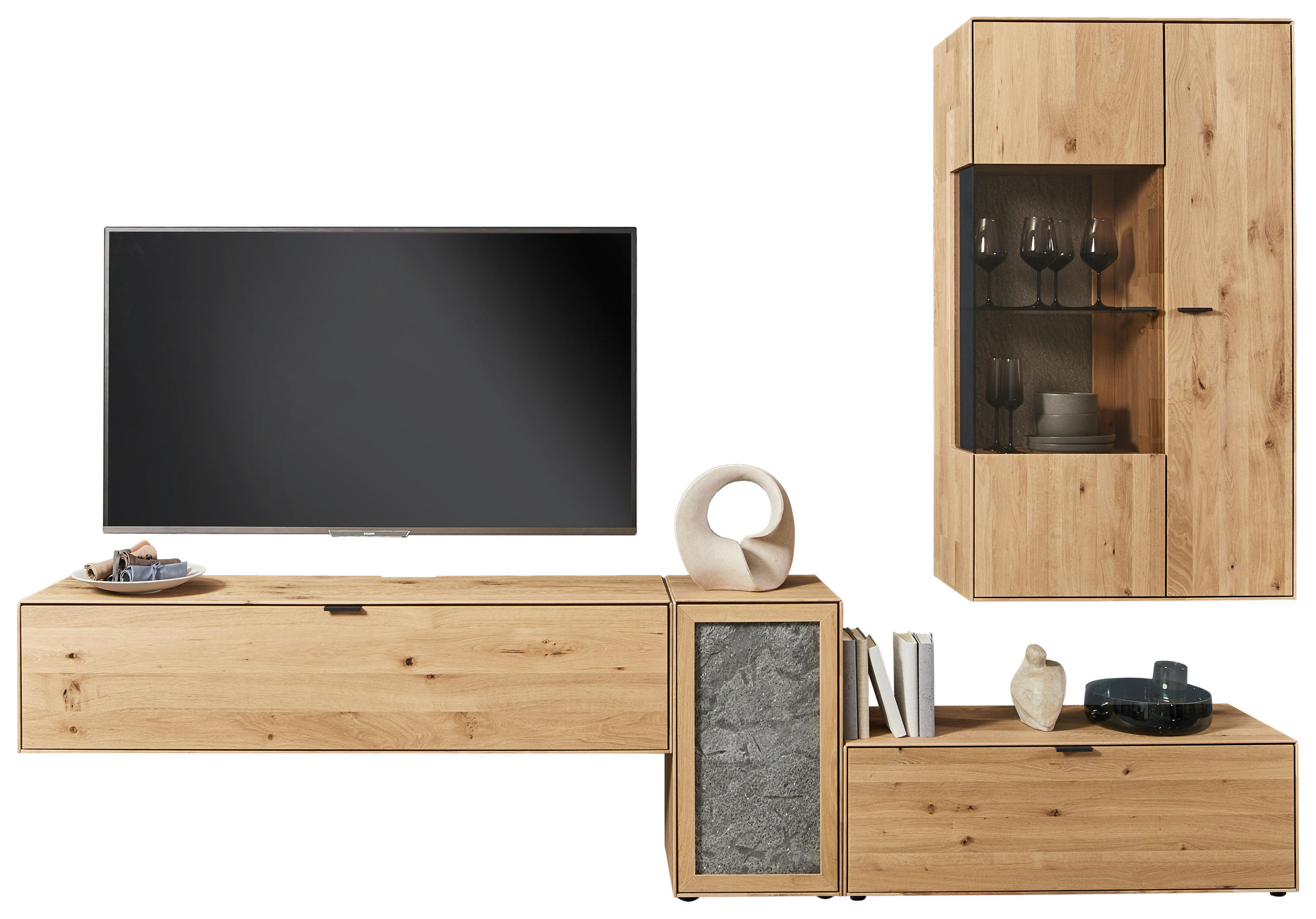 WOHNWAND  in Wildeiche 298,2/206,6/37,1 cm  - Wildeiche/Schwarz, Natur, Glas/Holz (298,2/206,6/37,1cm) - Valnatura