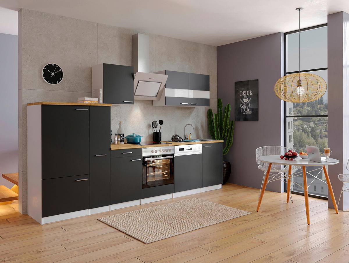 KÜCHENBLOCK 310 cm   in Schwarz  - Edelstahlfarben/Nussbaumfarben, Basics, Holzwerkstoff/Metall (310cm) - Respekta