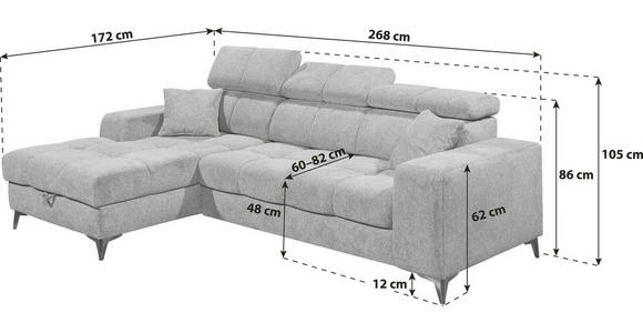 ECKSOFA Graubraun Chenille Zierkissen, Bettkasten, Rücken echt, Kopfteilverstellung, Sitztiefenverstellung  - Graubraun/Schwarz, KONVENTIONELL, Kunststoff/Textil (172/268cm) - Carryhome