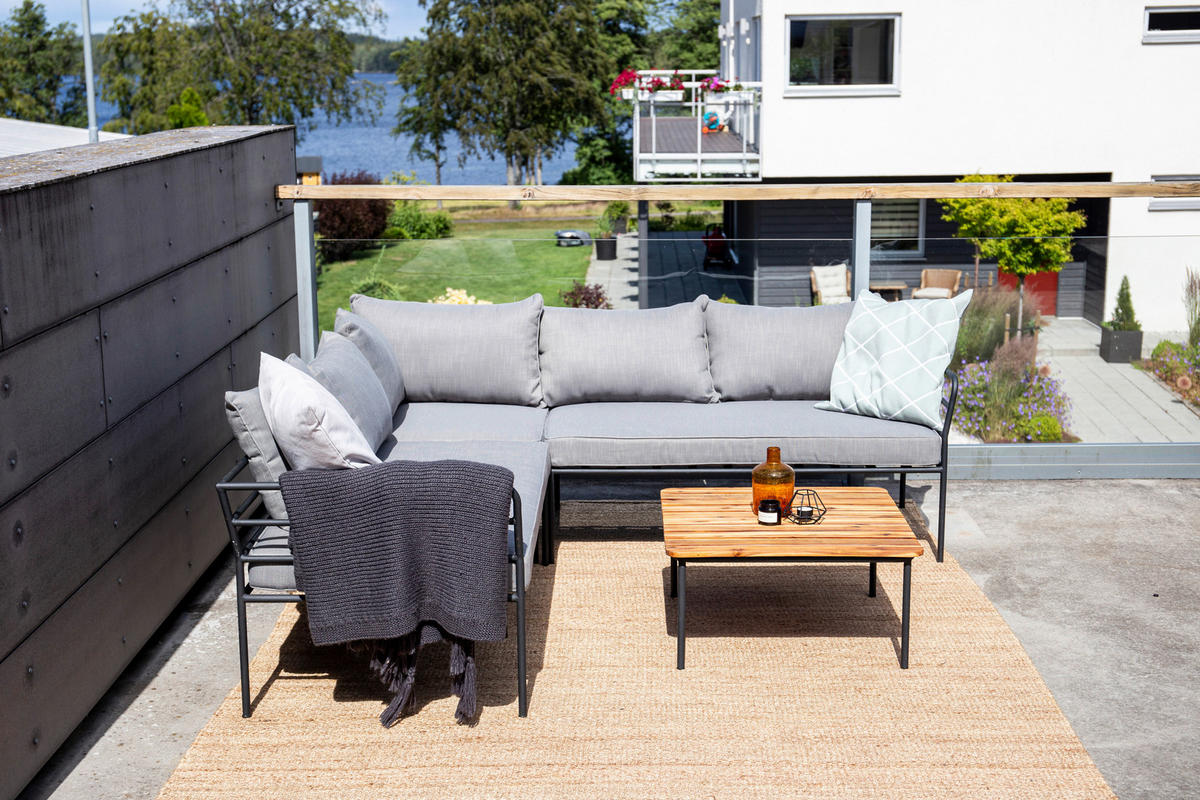 LOUNGEGARNITUR Akazie Stahl  - Schwarz/Grau, KONVENTIONELL, Holz/Metall - Gardenson