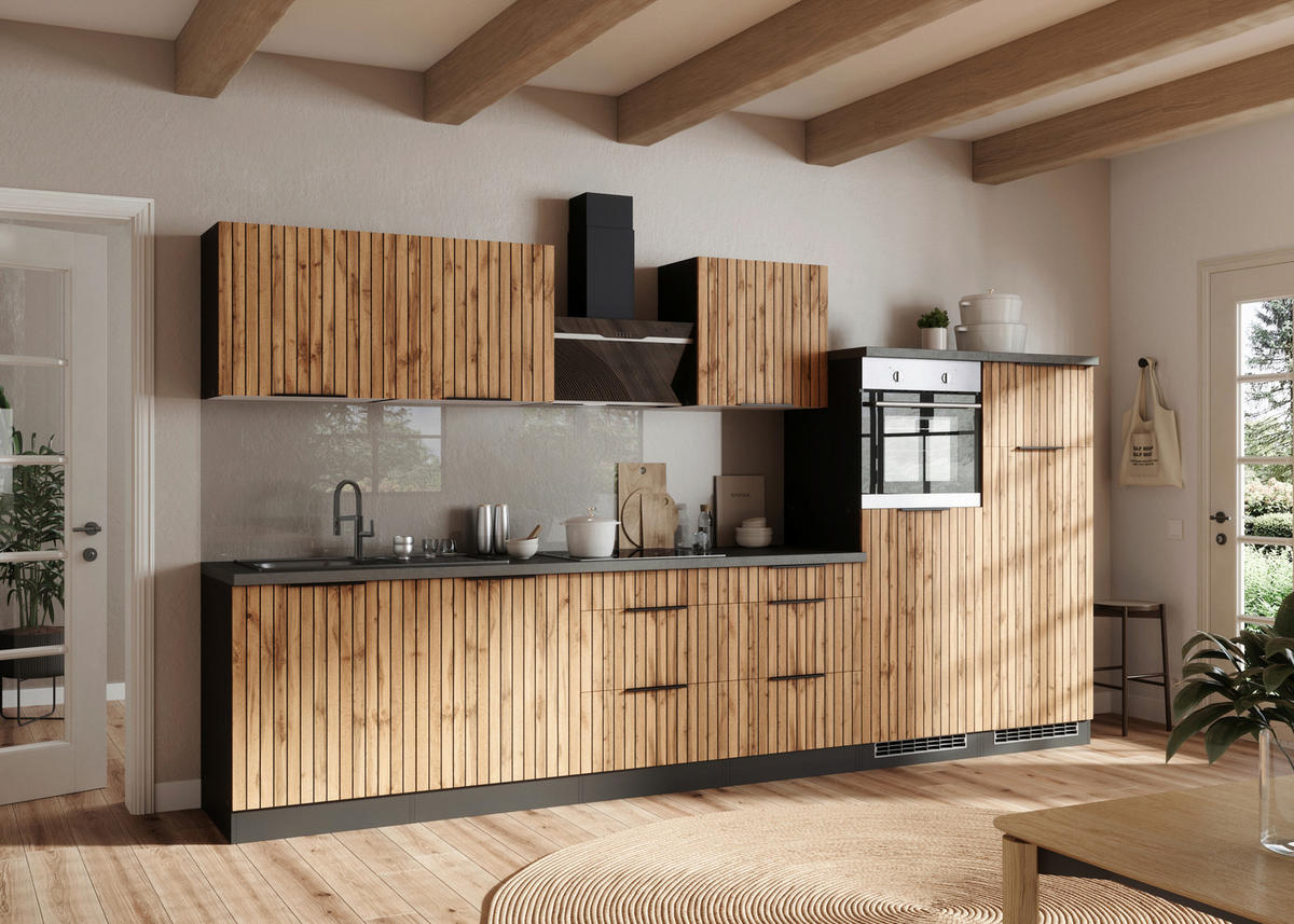 KÜCHENBLOCK 360 cm   Graphitfarben, Eiche Wotan  - Schieferfarben/Eiche Wotan, Basics, Holzwerkstoff/Metall (360cm) - Held