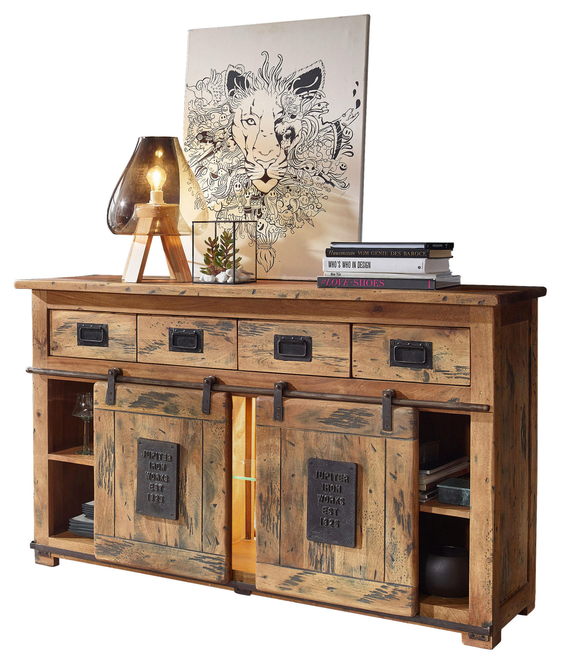 Thumbnail - Livetastic Sideboard, Anthrazit, Braun, Metall, Mangoholz, massiv, 3 Fächer, 4 Schubladen, 150x90x45 cm, Beleuchtung, Ho...