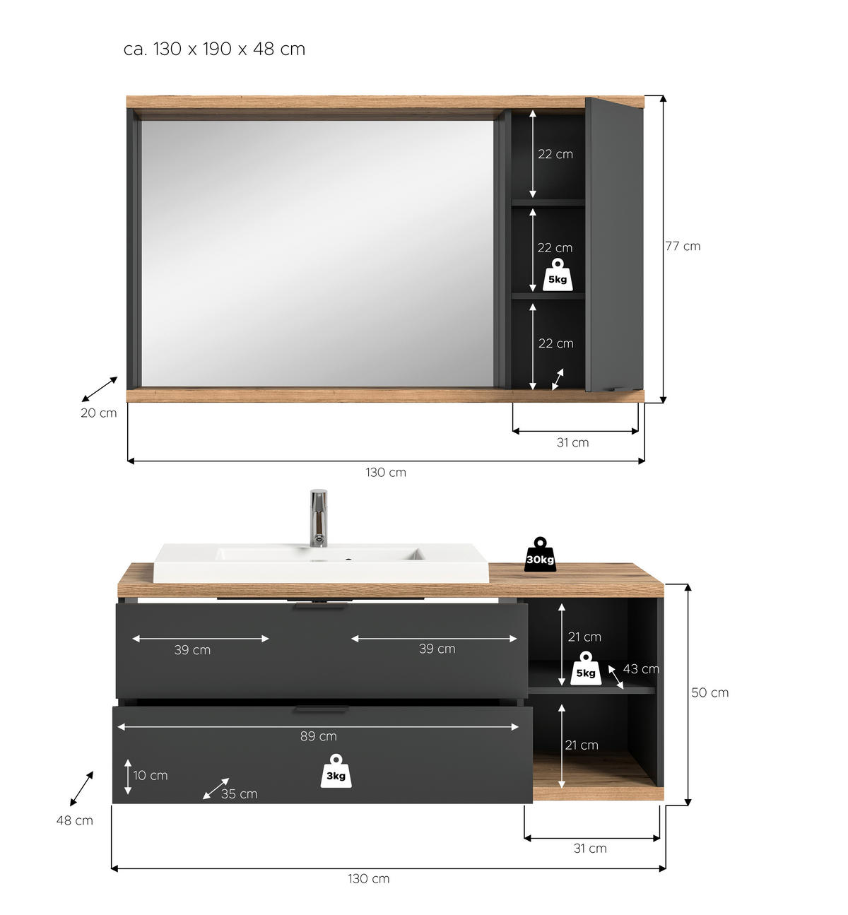 BADEZIMMER 3-teilig  in 130 cm  - Anthrazit/Schwarz, Basics, Glas/Holzwerkstoff (130cm) - MID.YOU