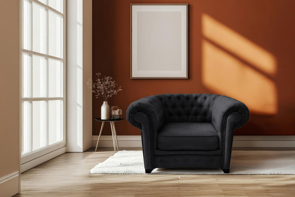KŘESLO CHESTERFIELD, textil, kompozitní dřevo, černá - černá, Konvenční, dřevo/kompozitní dřevo (91/72/92cm) - Livetastic