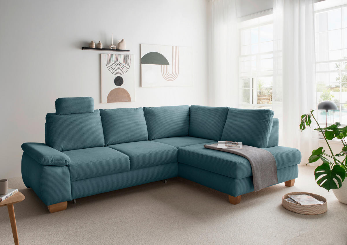 ECKSCHLAFSOFA in Cord Petrol  - Wildeiche/Petrol, Modern, Holz/Textil (261/206cm) - Livetastic
