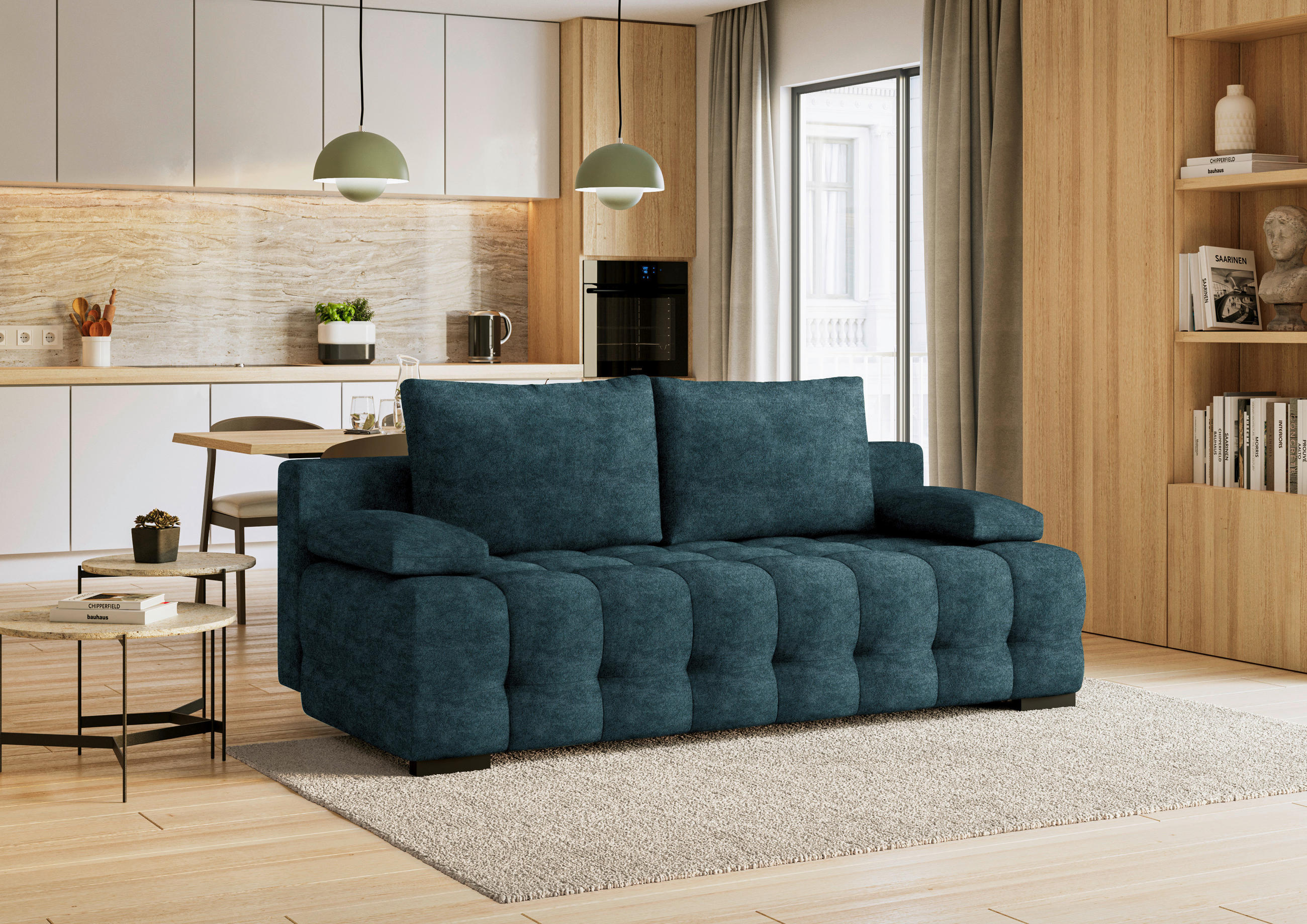 SCHLAFSOFA in Velours Blau  - Blau/Schwarz, KONVENTIONELL, Kunststoff/Textil (209/96/100cm) - Stylife