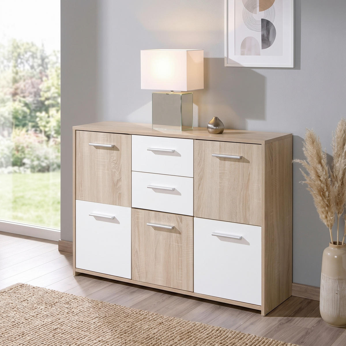 BYRÅ 115/77/30 cm  - vit/Sonoma ek, Basics, trämaterial/plast (115/77/30cm) - MID.YOU