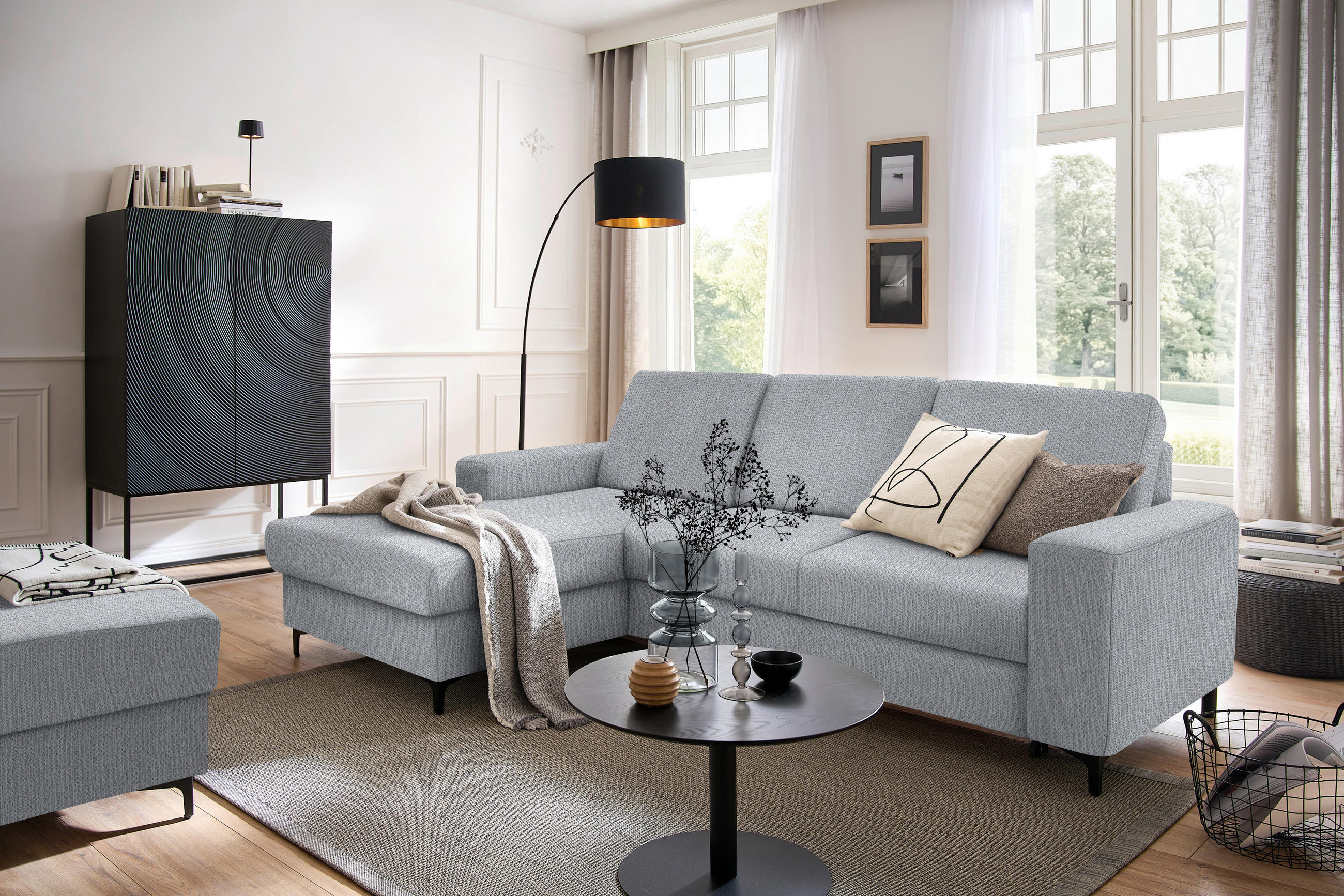 ECKSOFA in Webstoff Hellgrau  - Hellgrau/Schwarz, KONVENTIONELL, Textil/Metall (167/247cm) - Stylife