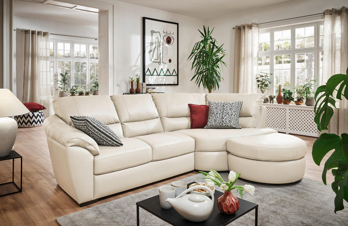 ECKSOFA Weiß Kombination Echtleder/Lederlook  - Wengefarben/Weiß, KONVENTIONELL, Leder/Holz (273/194cm) - Livetastic
