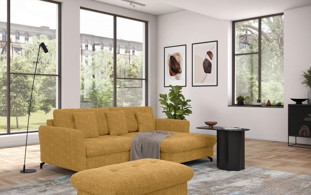 ECKSOFA in Flachgewebe, Leinenoptik Currygelb  - Currygelb/Schwarz, Design, Textil/Metall (242/170cm) - Xora