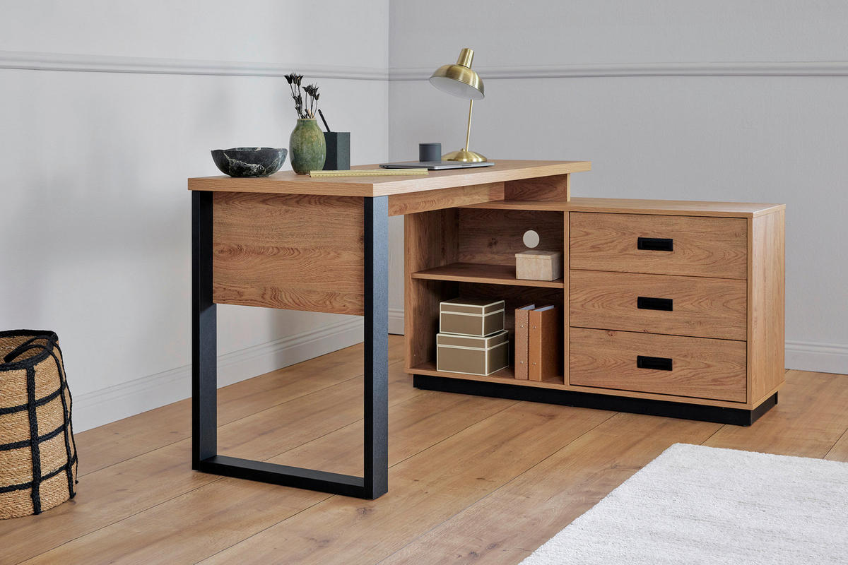 ECKSCHREIBTISCH 150/116/76 cm  in Schwarz, Eichefarben  - Eichefarben/Schwarz, Modern, Holzwerkstoff/Metall (150/116/76cm) - Livetastic