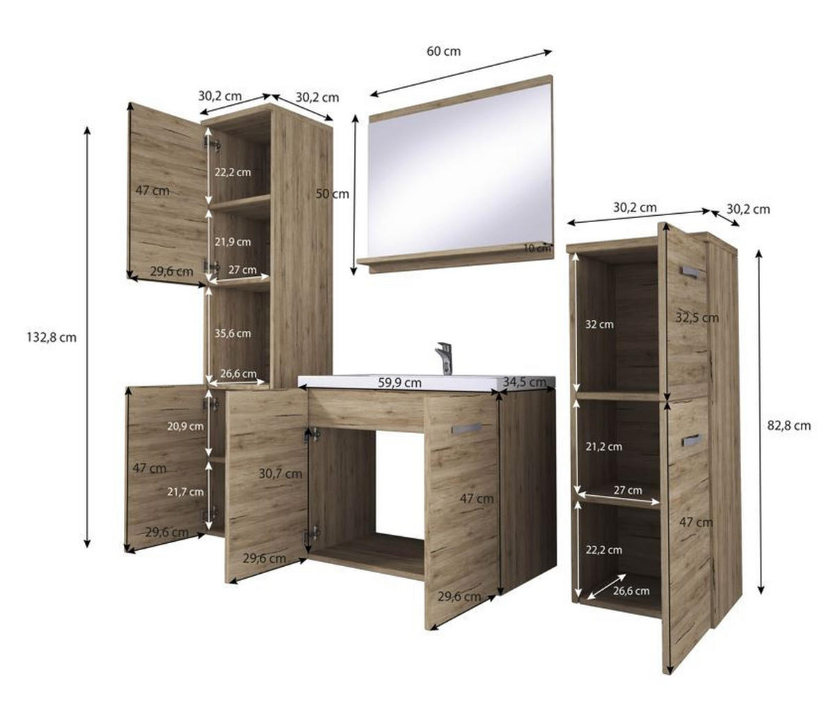 BADEZIMMER 5-teilig  in 120 cm  - Alteiche/Eichefarben, LIFESTYLE, Keramik/Holzwerkstoff (120cm) - P & B