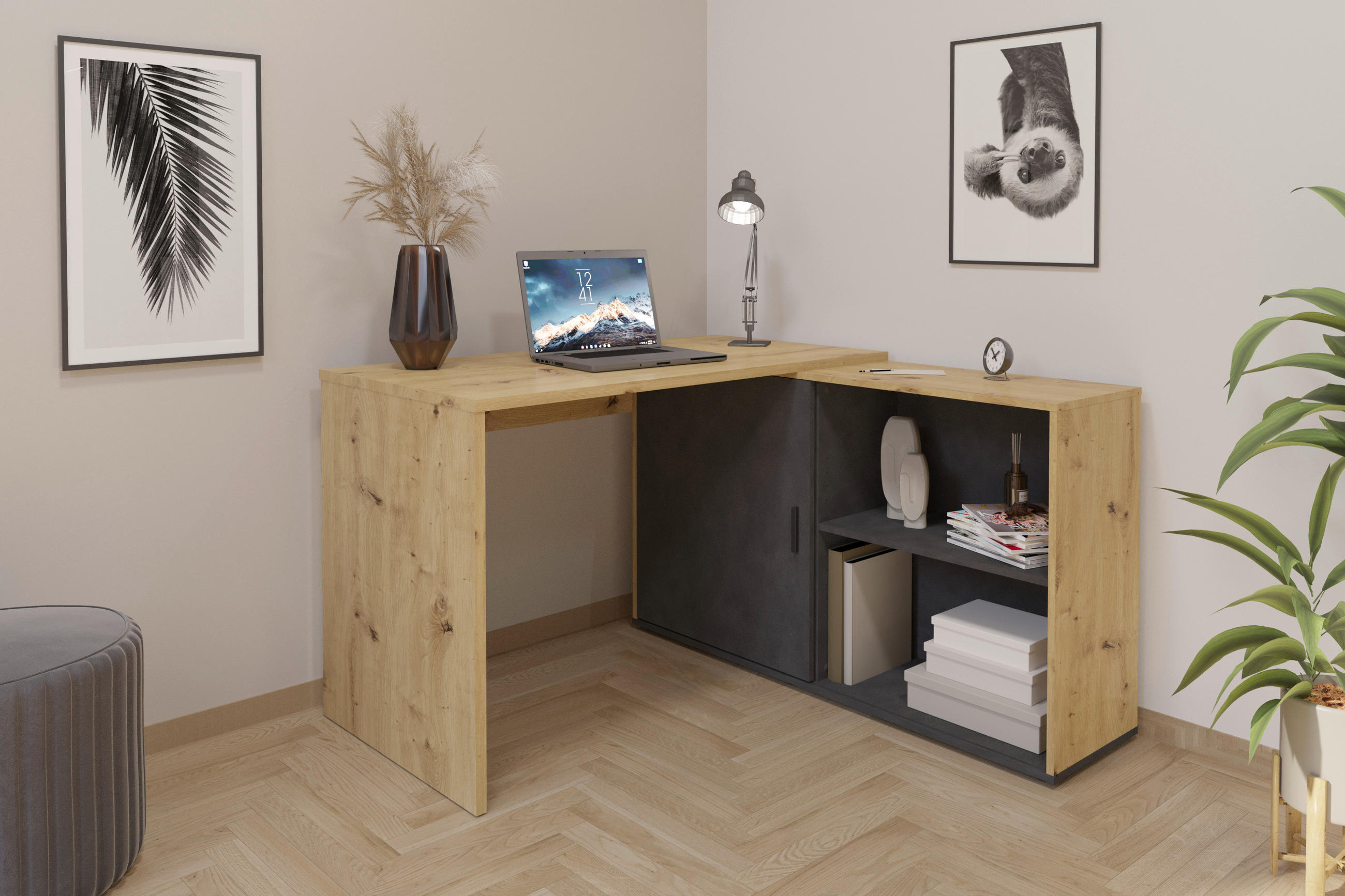 Thumbnail - Mid.you Eckschreibtisch, Dunkelgrau, Eiche Artisan, Holzwerkstoff, 124x75x119 cm, Pefc, Made in Germany, Stauraum, Arbei...