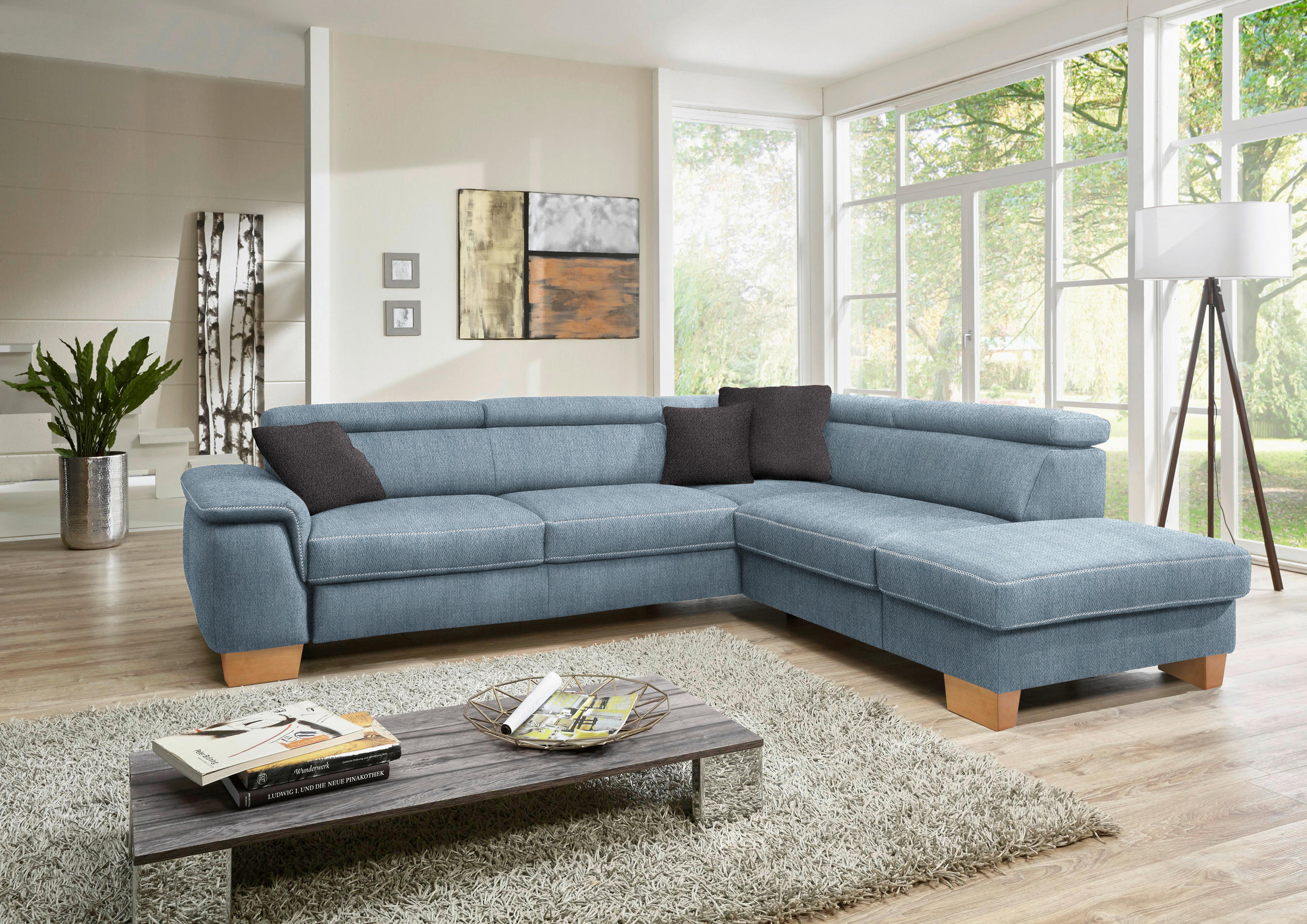 ECKSOFA Mikrofaser Blau  - Blau/Eichefarben, Natur, Holz/Textil (273/226cm) - Beldomo System