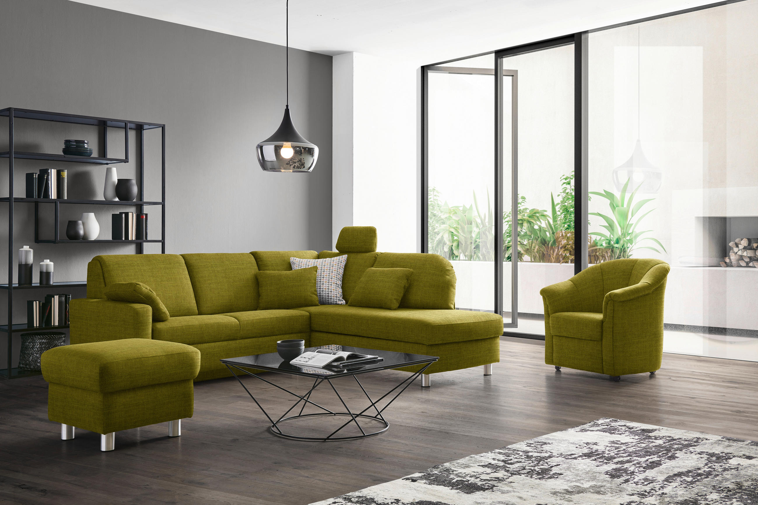 ECKSOFA in Chenille Grün  227/208 cm  - Alufarben/Grün, KONVENTIONELL, Textil/Metall (227/208cm) - Sedda