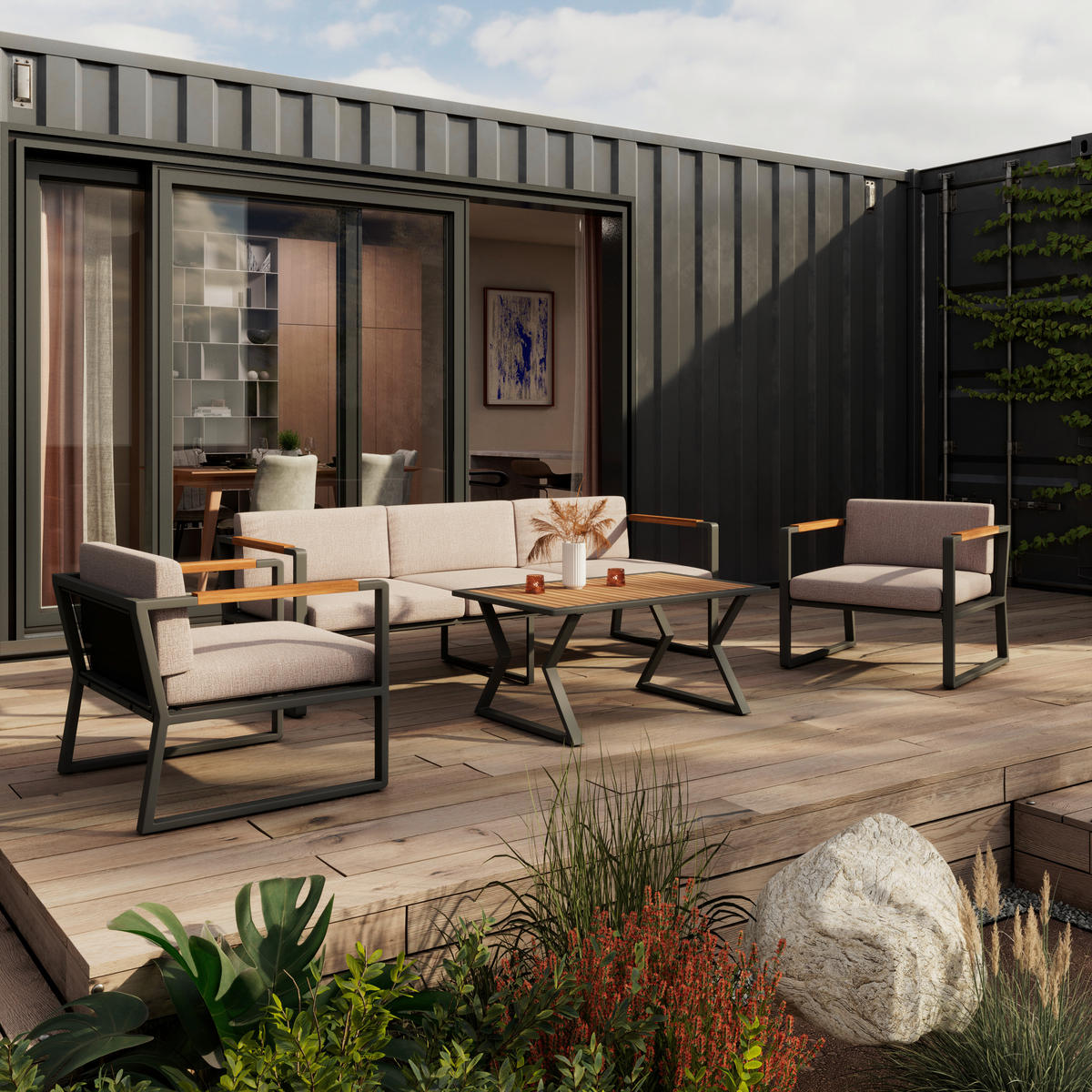 LOUNGEGARNITUR 4-teilig    - Dunkelgrau/Beige, Modern, Holz/Metall (206l) - Ambia Garden