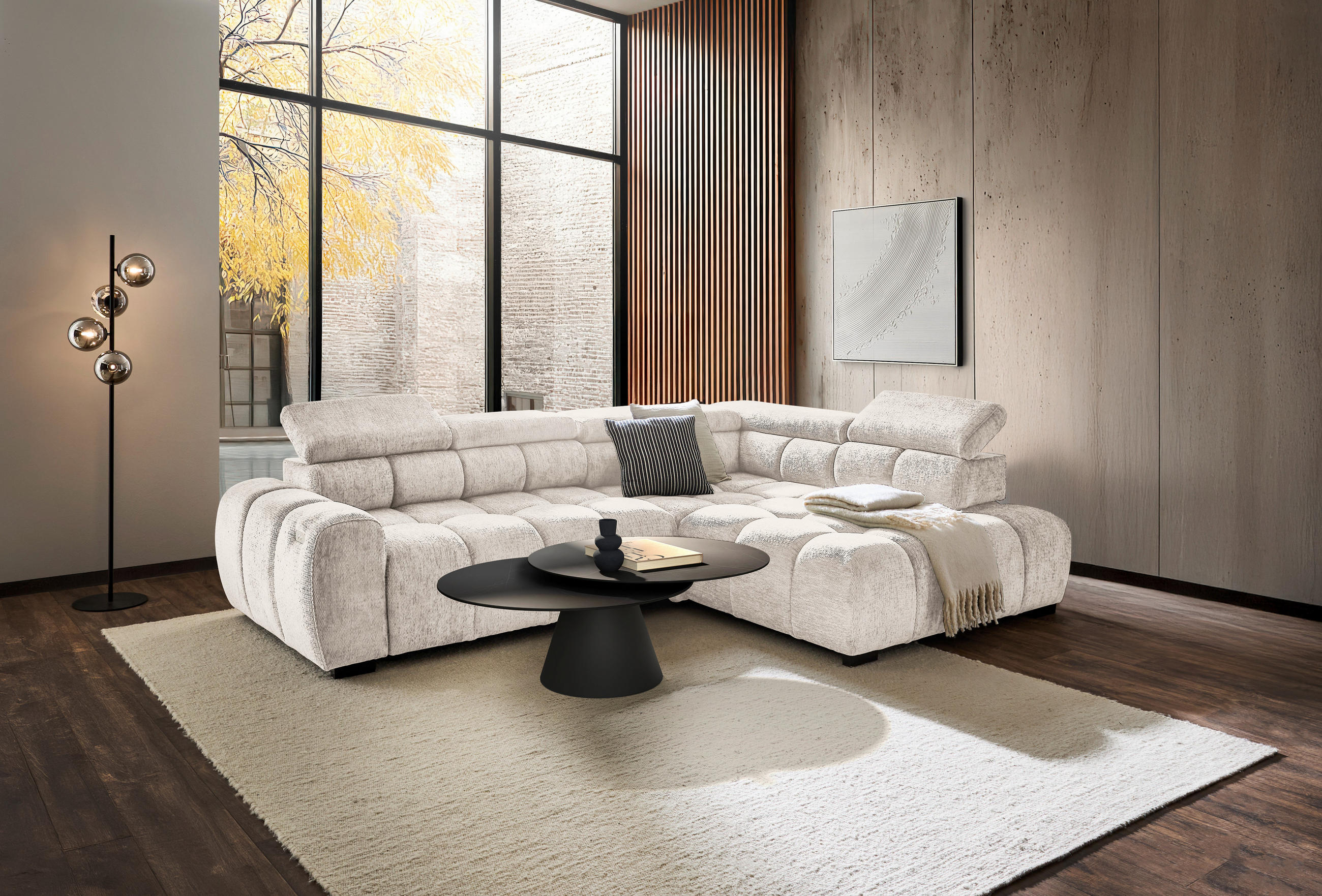 ECKSOFA inkl. Funktionen in Webstoff Beige  - Beige/Schwarz, Modern, Kunststoff/Textil (297/205cm) - Welnova