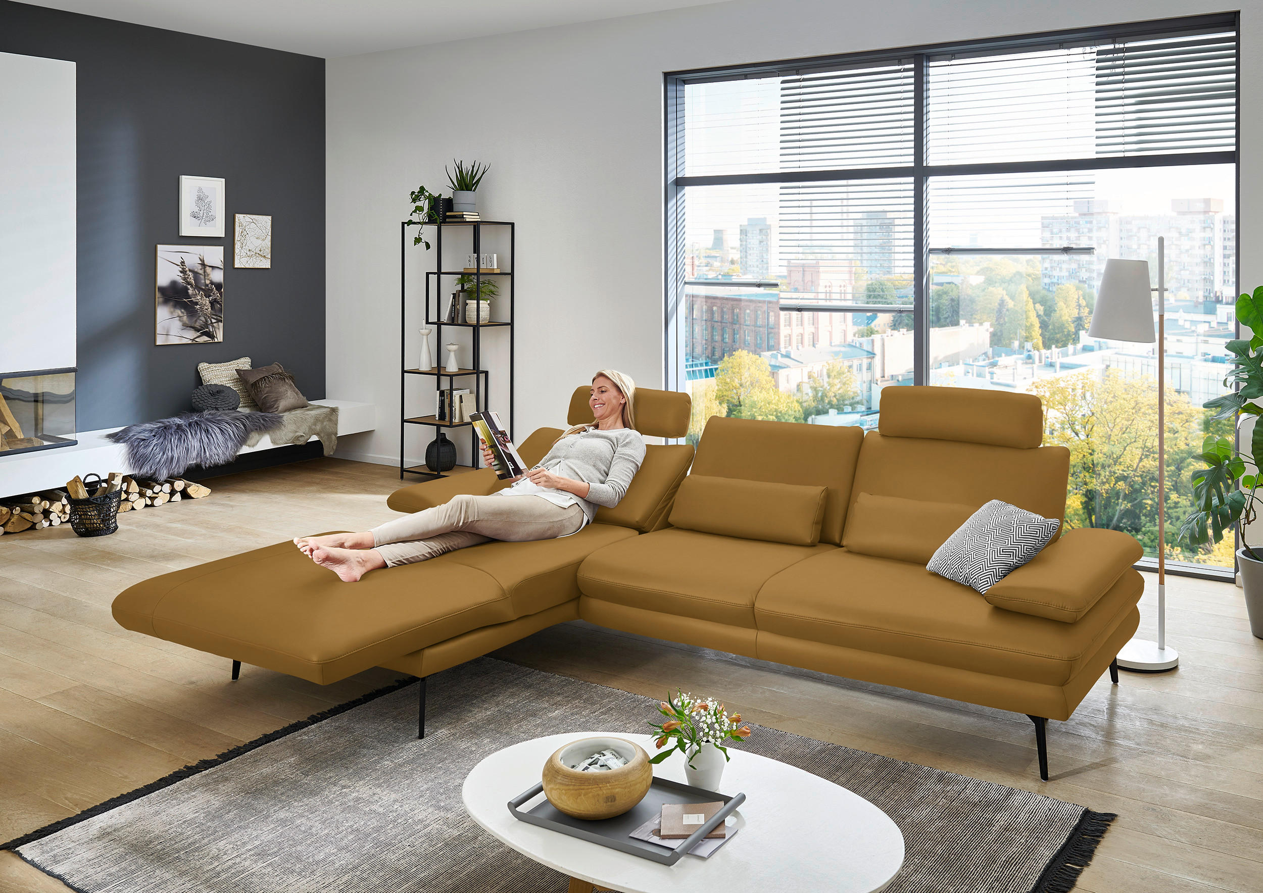 ECKSOFA in Echtleder Currygelb  - Currygelb/Schwarz, Design, Leder/Metall (180/310cm) - Dieter Knoll