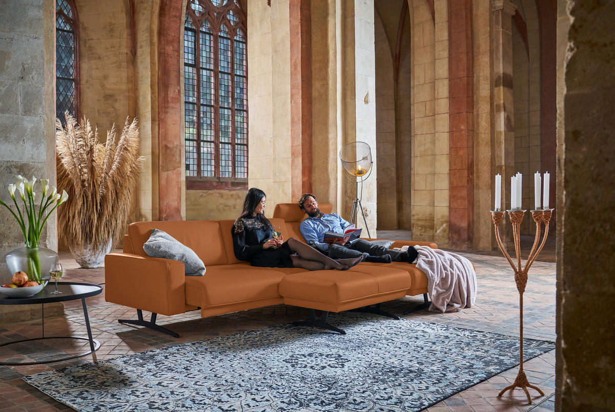 ECKSOFA in Echtleder Cognac  - Cognac/Anthrazit, Konventionell, Leder/Metall (324/179cm) - Johann Jakob