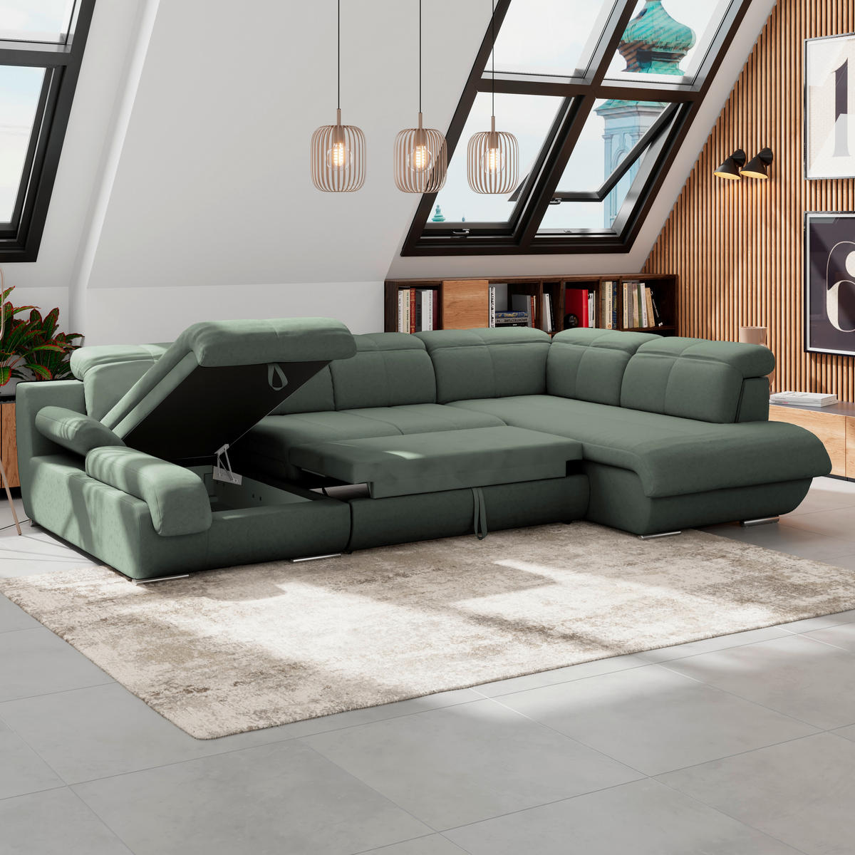 WOHNLANDSCHAFT in Mikrofaser Hellgrün  - Chromfarben/Dunkelgrau, Modern, Textil/Metall (184/345/228cm) - MID.YOU
