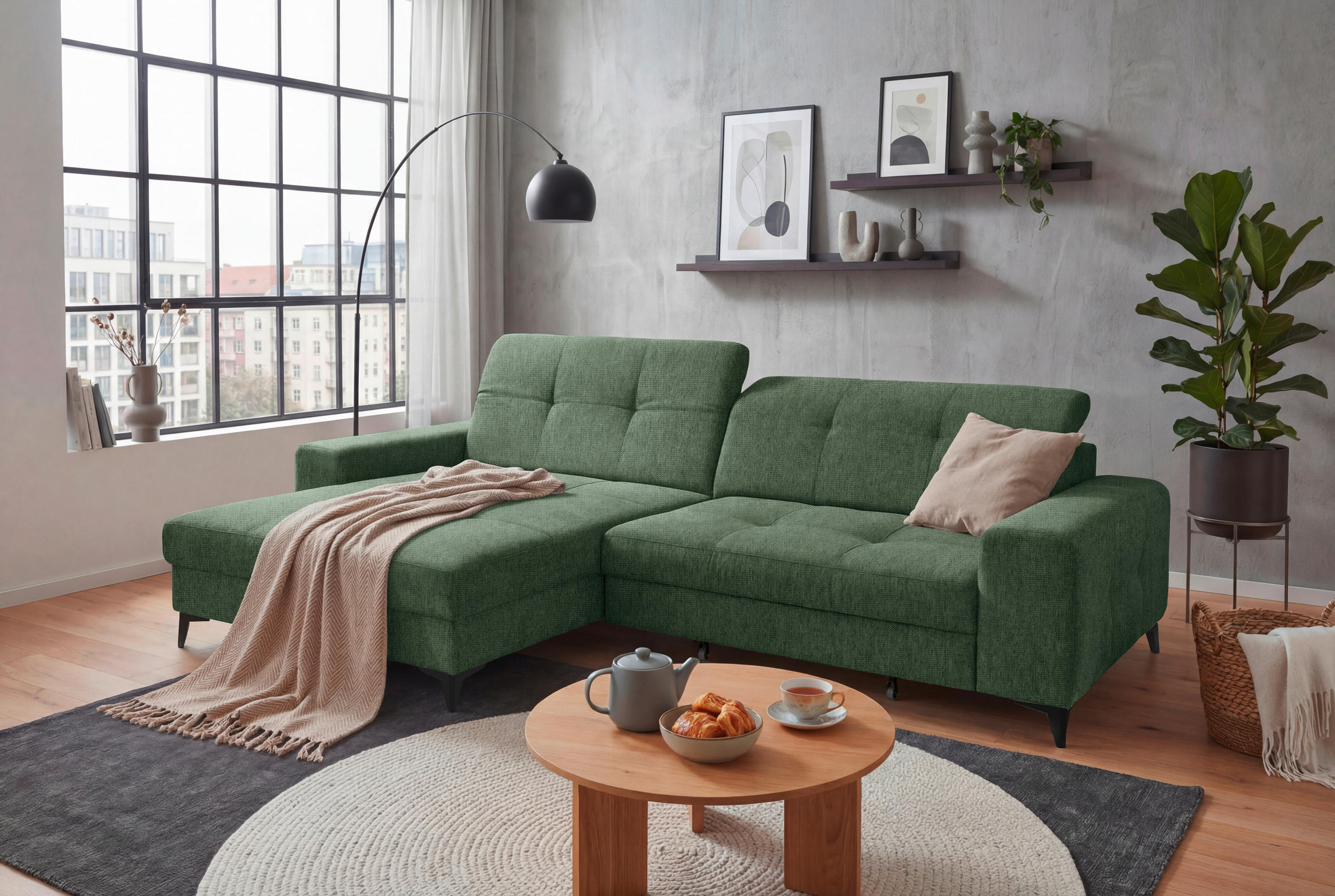 ECKSOFA Mikrovelours Dunkelgrün  - Dunkelgrün/Schwarz, Design, Kunststoff/Textil (182/328cm) - MID.YOU