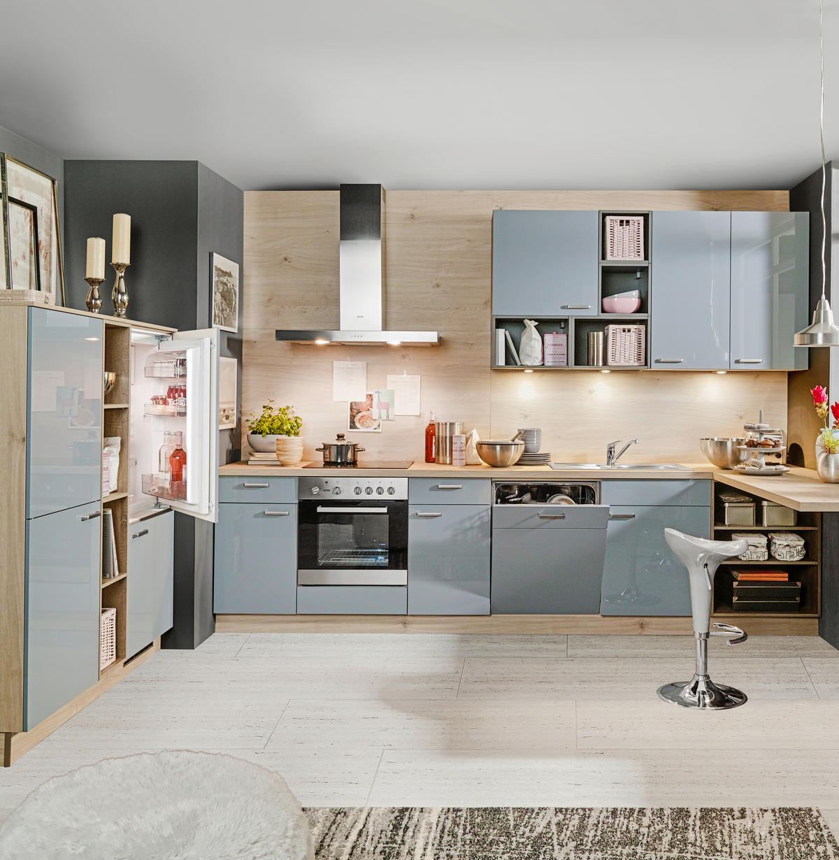 KÜCHENLEERBLOCK  150/330 cm  in Blau, Grau, Eichefarben  - Blau/Eichefarben, Design, Holzwerkstoff (150/330cm) - Welnova