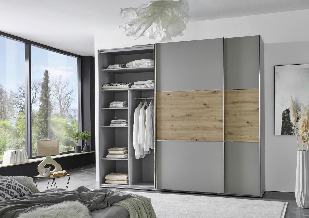 SCHWEBETÜRENSCHRANK 250/216/65 cm 3-türig Grau, Edelstahlfarben, Eiche Artisan  - Edelstahlfarben/Eiche Artisan, KONVENTIONELL, Holzwerkstoff/Metall (250/216/65cm) - Stylife