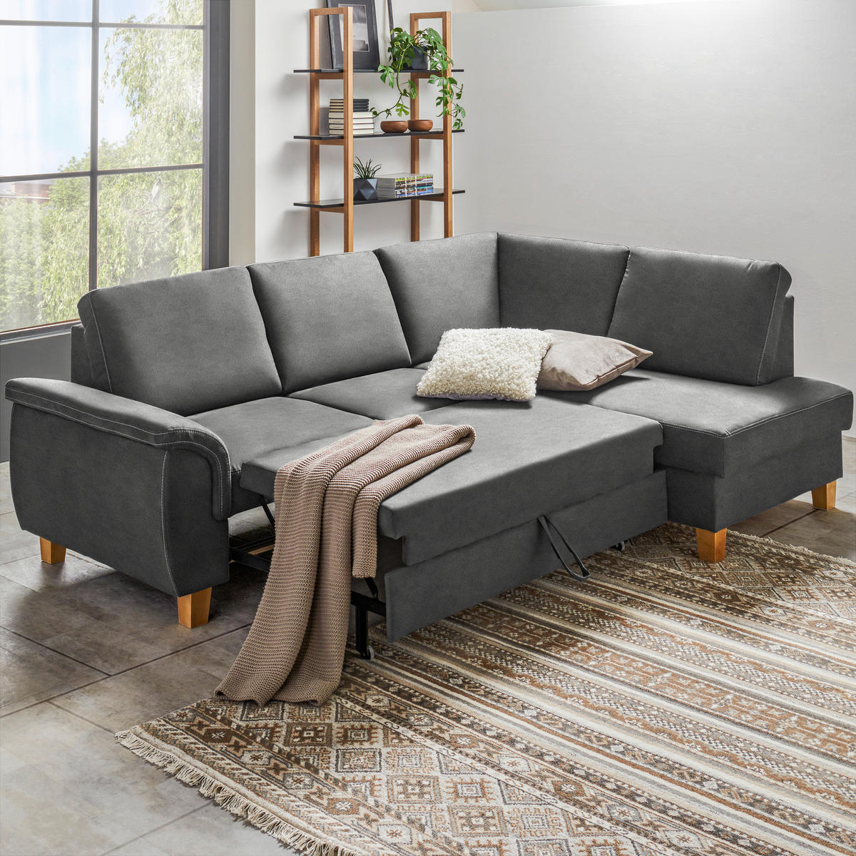 ECKSOFA in Flachgewebe Grau  - Eichefarben/Grau, Design, Holz/Textil (253/185cm) - Cantus