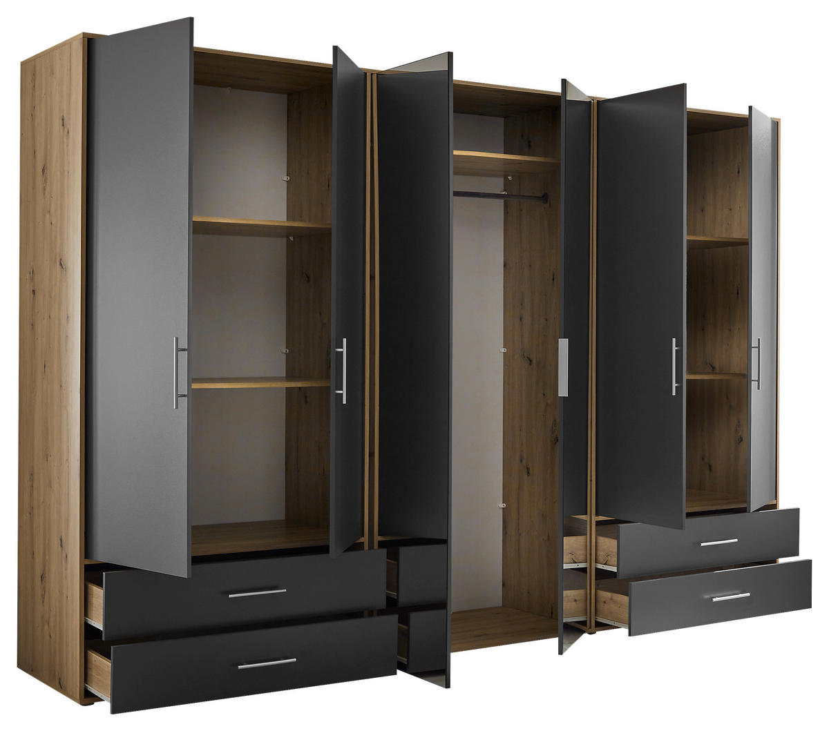 KLEIDERSCHRANK 305/207/58 cm,  in Graphitfarben, Eiche Artisan, 6-türig  - Alufarben/Graphitfarben, KONVENTIONELL, Glas/Holzwerkstoff (305/207/58cm) - Boxxx