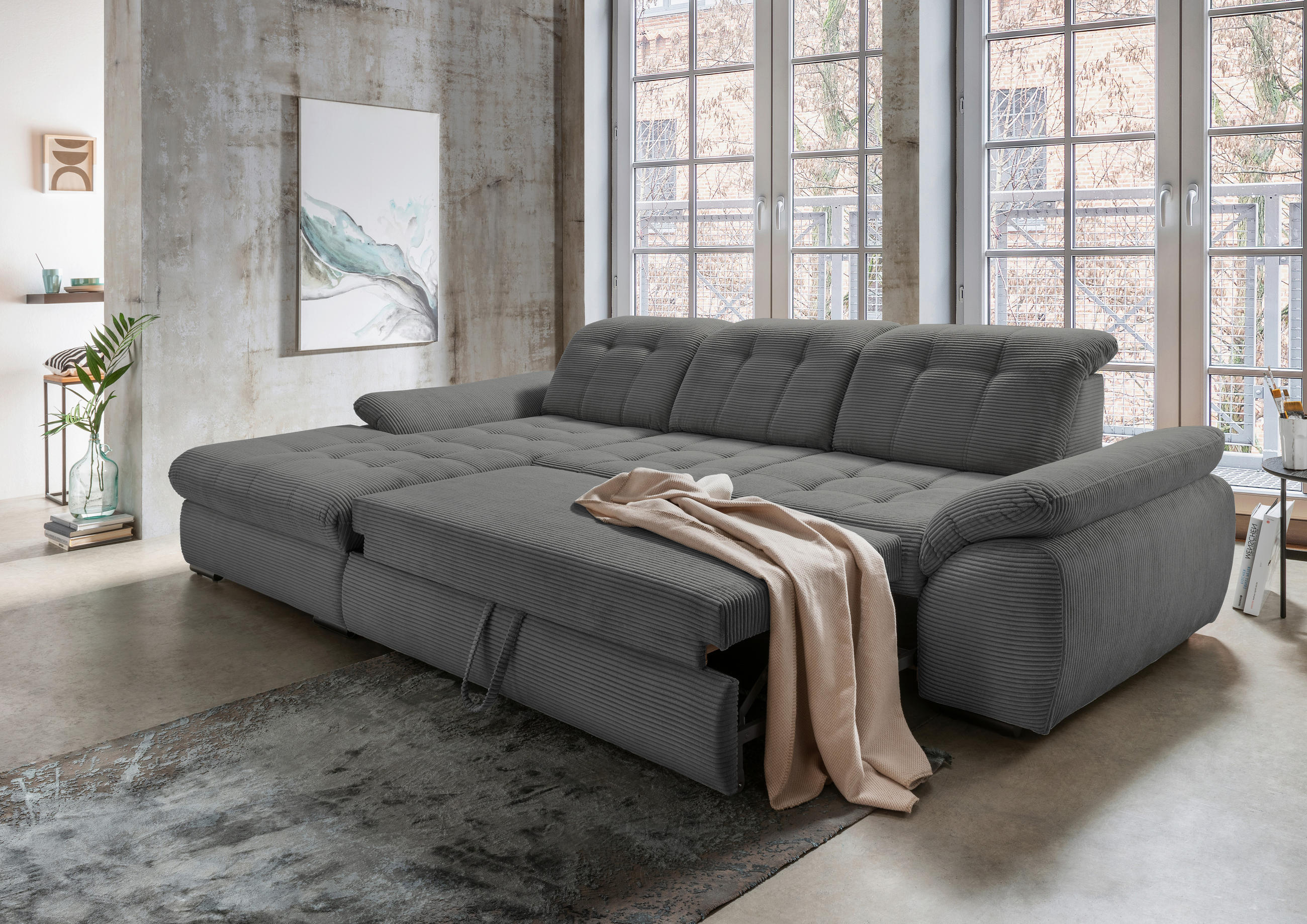 ECKSOFA in Cord Grau - Schwarz/Grau, Modern, Textil/Metall (184/314cm) - Livetastic