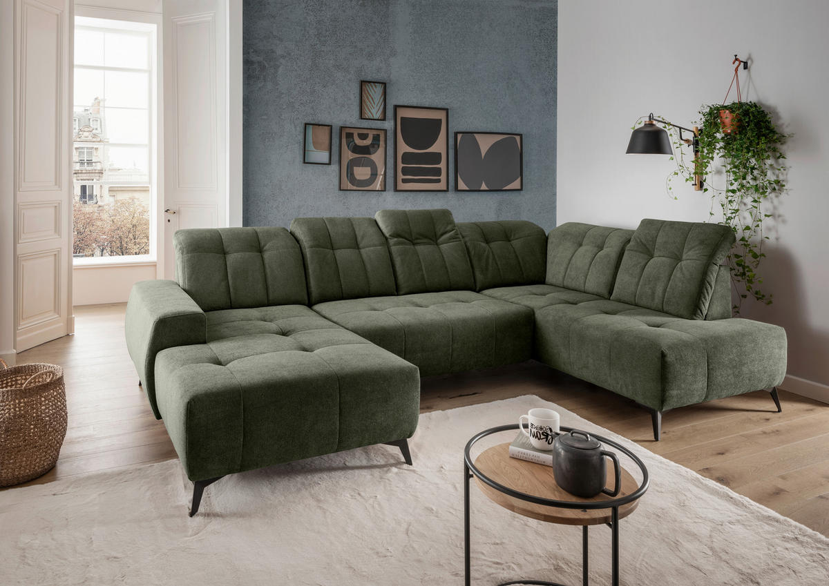 WOHNLANDSCHAFT SANO Dunkelgrün Chenille  - Dunkelgrün/Schwarz, MODERN, Textil/Metall (200/337/180cm) - Livetastic
